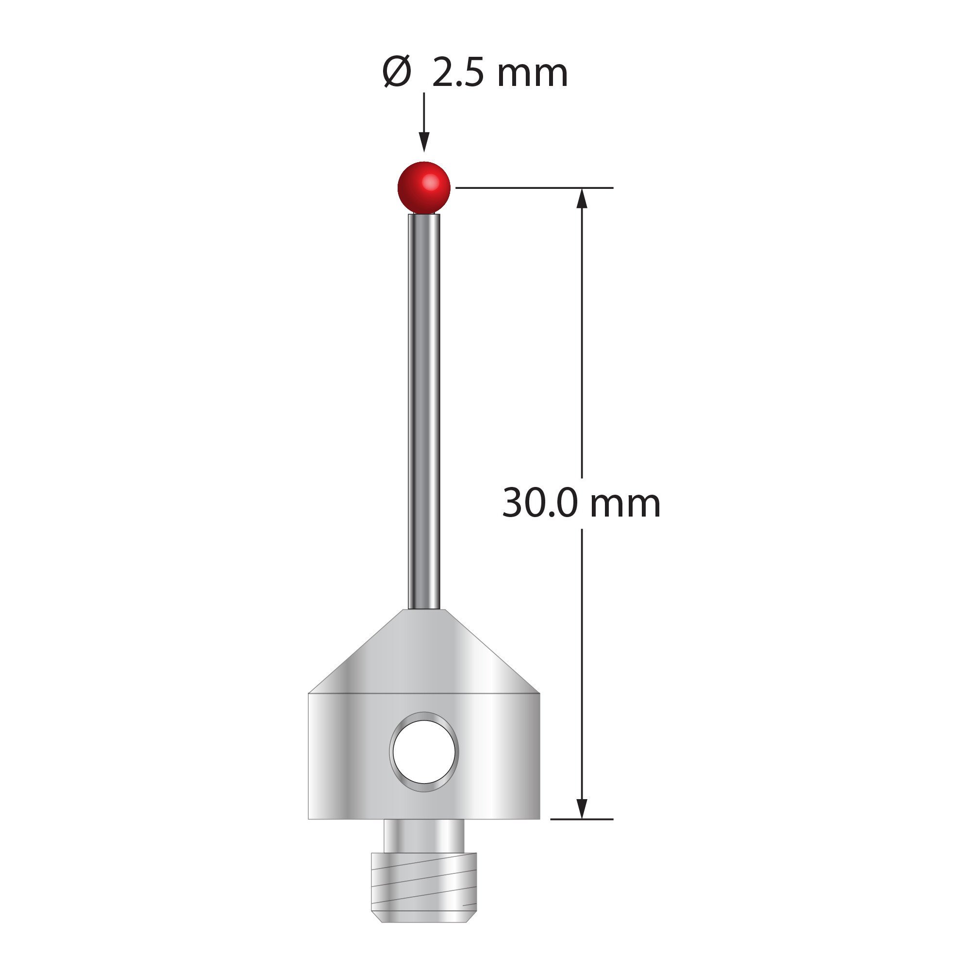 M5 stylus with 2.5 mm diameter ruby ball, 1.0 mm carbide stem, and 11.0 mm diameter x 10.0 mm long stainless steel base. Overall stylus length is 31.0 mm. Stylus weight is 5.91 grams. Compare to Zeiss 626115-0250-031.