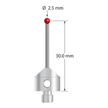 M5 stylus with 2.5 mm diameter ruby ball, 1.0 mm carbide stem, and 11.0 mm diameter x 10.0 mm long stainless steel base. Overall stylus length is 31.0 mm. Stylus weight is 5.91 grams. Compare to Zeiss 626115-0250-031.