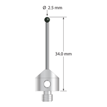 M5 stylus with 2.5 mm diameter silicon nitride ball, 1.5 mm diameter carbide stem, and 11.0 mm diameter x 9.0 mm long stainless steel base. Overall stylus length is 34.0 mm. Stylus weight is 6.26 grams. Compare to Zeiss 626115-0253-034.