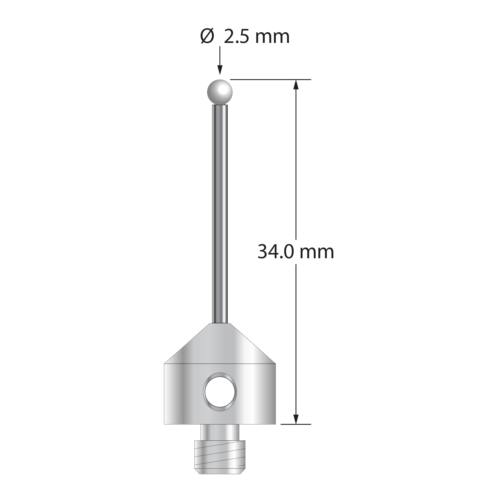 M5 stylus with 2.5 mm diameter zirconia ball, 1.5 mm diameter carbide stem, and 11.0 mm diameter x 9.0 mm long stainless steel base. Overall stylus length is 34.0 mm. Stylus weight is 6.26 grams.