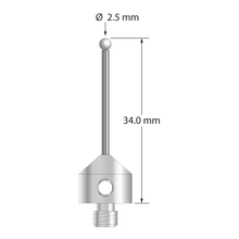 M5 stylus with 2.5 mm diameter zirconia ball, 1.5 mm diameter carbide stem, and 11.0 mm diameter x 9.0 mm long stainless steel base. Overall stylus length is 34.0 mm. Stylus weight is 6.26 grams.