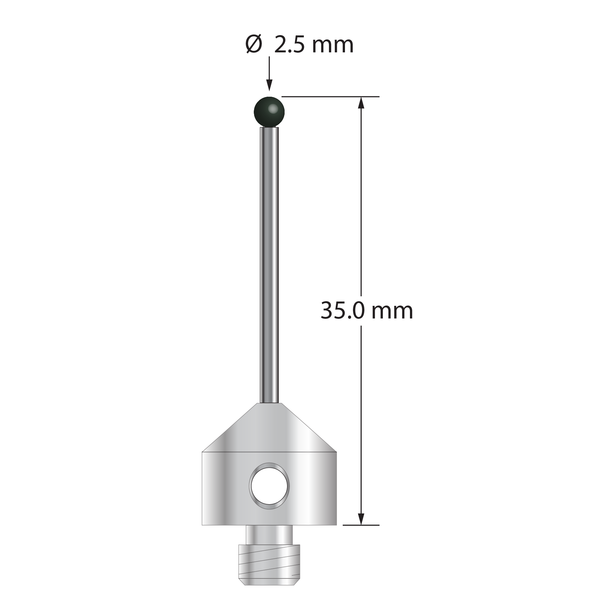 M5 stylus with 2.5 mm diameter silicon nitride ball, 1.5 mm diameter carbide stem, and 11.0 mm diameter x 10.0 mm long stainless steel base. Overall stylus length is 35.0 mm. Stylus weight is 6.31 grams.