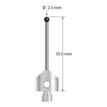 M5 stylus with 2.5 mm diameter silicon nitride ball, 1.5 mm diameter carbide stem, and 11.0 mm diameter x 10.0 mm long stainless steel base. Overall stylus length is 35.0 mm. Stylus weight is 6.31 grams.