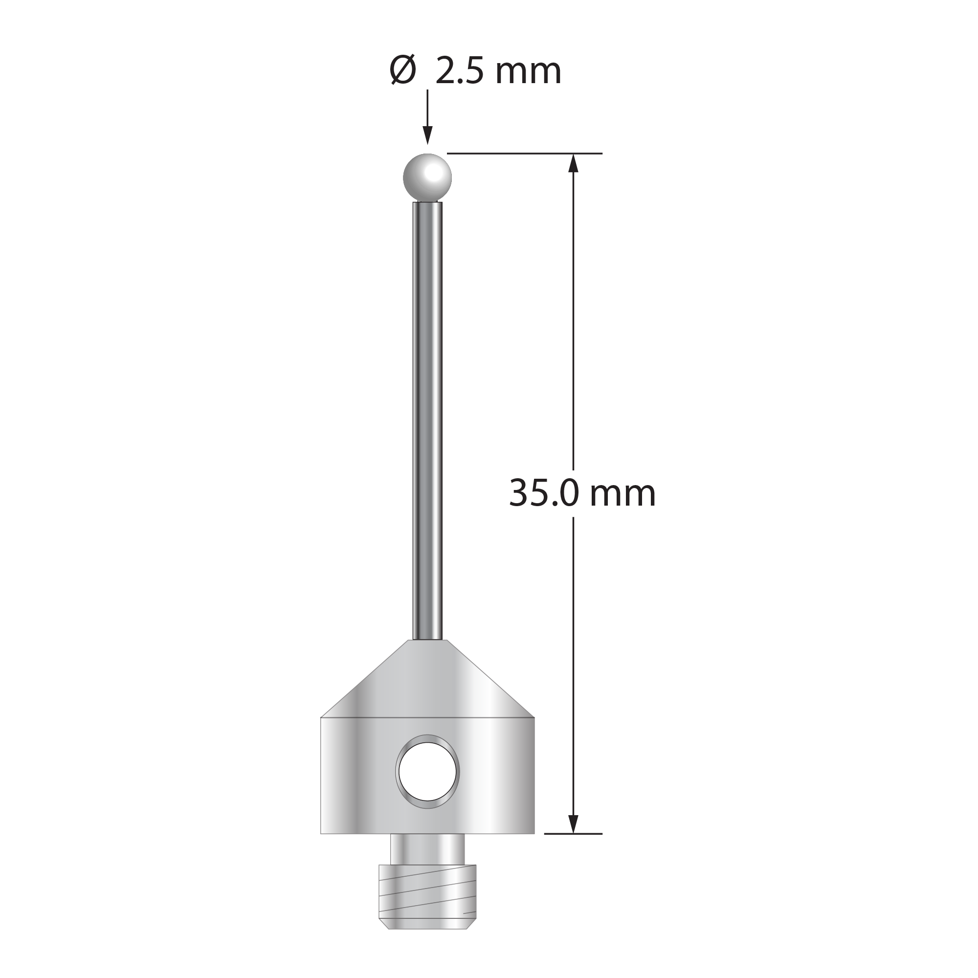 M5 stylus with 2.5 mm diameter zirconia ball, 1.5 mm diameter carbide stem, and 11.0 mm diameter x 10.0 mm long stainless steel base. Overall stylus length is 35.0 mm. Stylus weight is 6.31 grams.