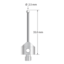 M5 stylus with 2.5 mm diameter zirconia ball, 1.5 mm diameter carbide stem, and 11.0 mm diameter x 10.0 mm long stainless steel base. Overall stylus length is 35.0 mm. Stylus weight is 6.31 grams.