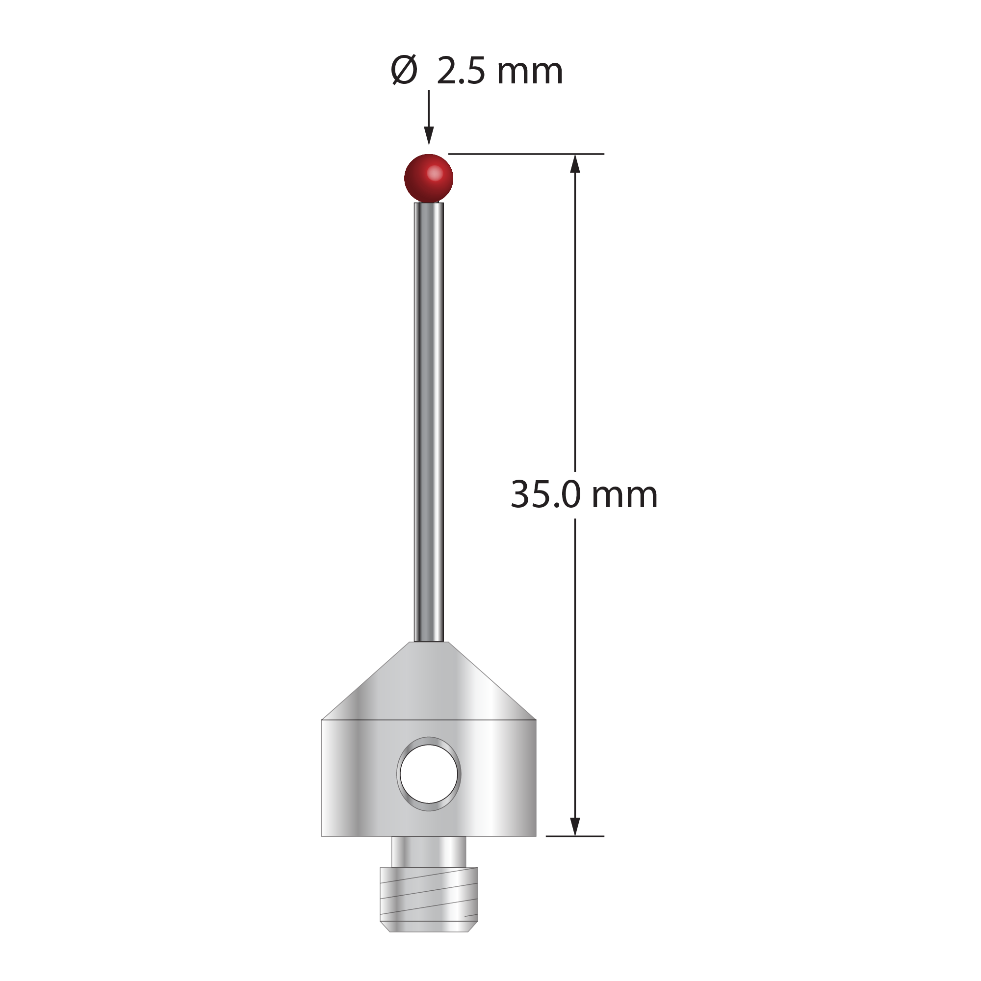 M5 stylus with 2.5 mm diameter ruby ball, 1.5 mm diameter carbide stem, and 11.0 mm diameter x 10.0 mm long stainless steel base. Overall stylus length is 35.0 mm. Stylus weight is 6.31 grams.