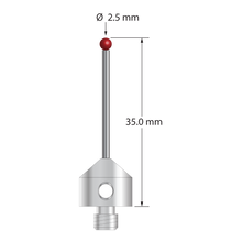 M5 stylus with 2.5 mm diameter ruby ball, 1.5 mm diameter carbide stem, and 11.0 mm diameter x 10.0 mm long stainless steel base. Overall stylus length is 35.0 mm. Stylus weight is 6.31 grams.
