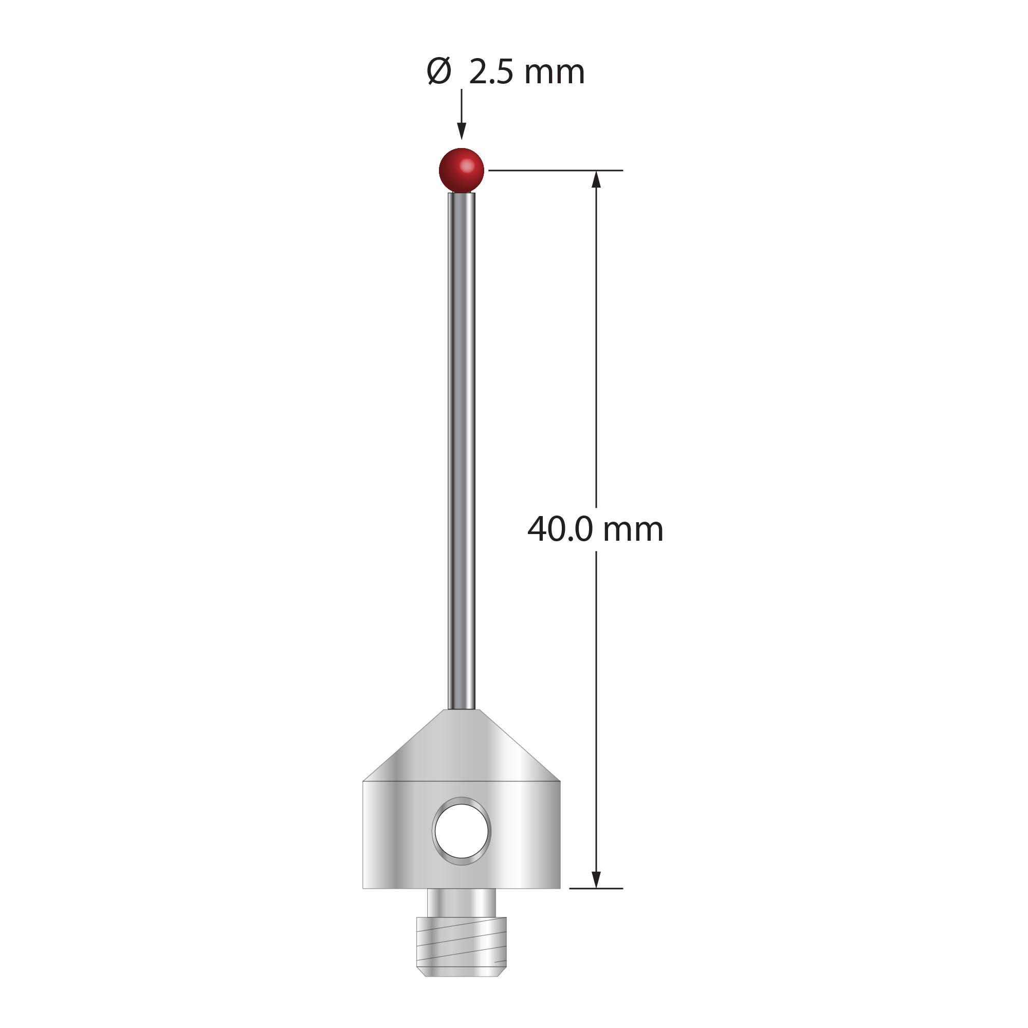 M5 stylus with 2.5 mm diameter ruby ball, 1.5 mm diameter carbide stem, and 11.0 mm diameter x 10.0 mm long stainless steel base. Stylus length to ball center is 40.0 mm. Stylus weight is 6.58 grams. Compare to Renishaw A-5003-5223.