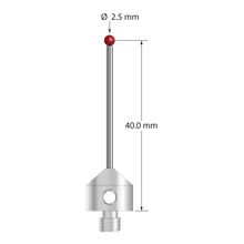 M5 stylus with 2.5 mm diameter ruby ball, 1.5 mm diameter carbide stem, and 11.0 mm diameter x 10.0 mm long stainless steel base. Stylus length to ball center is 40.0 mm. Stylus weight is 6.58 grams. Compare to Renishaw A-5003-5223.