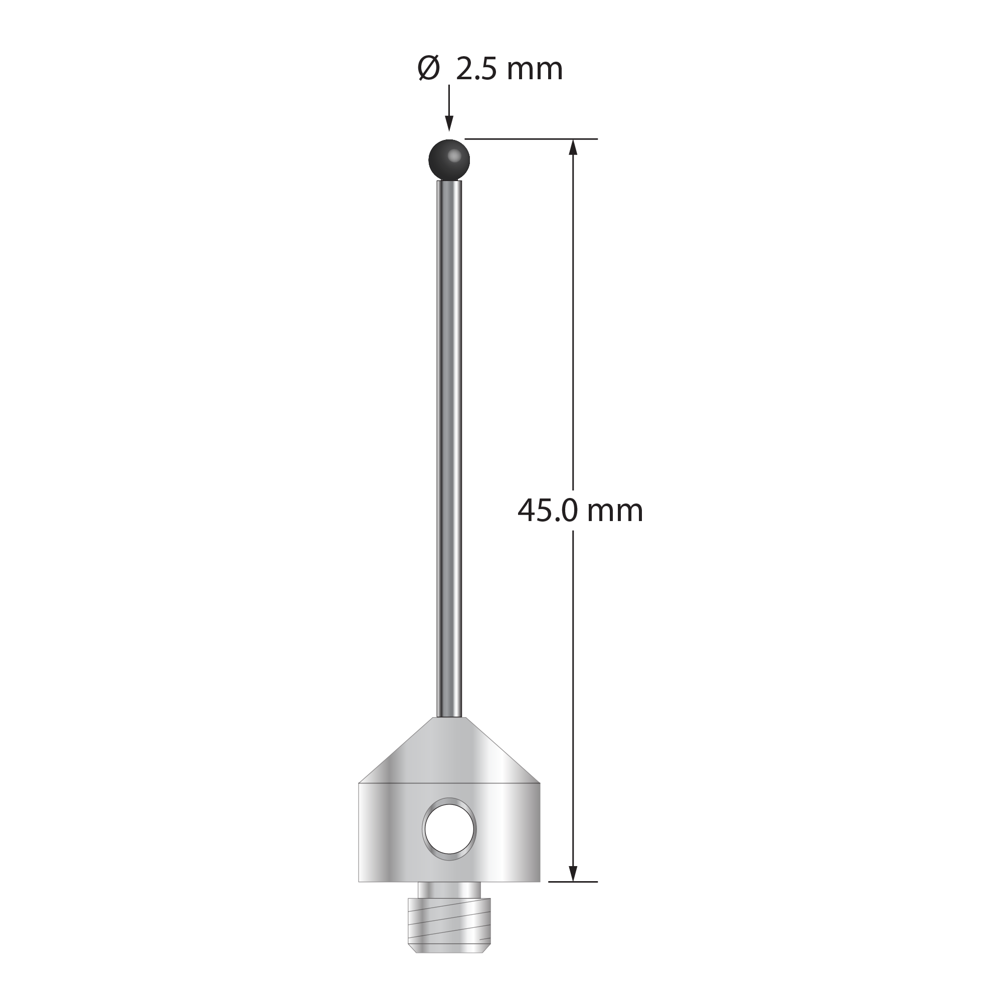M5 stylus with 2.5 mm diameter silicon nitride ball, 1.5 mm diameter carbide stem, and 11.0 mm diameter x 10.0 mm long stainless steel base. Overall stylus length is 45.0 mm. Stylus weight is 6.57 grams.