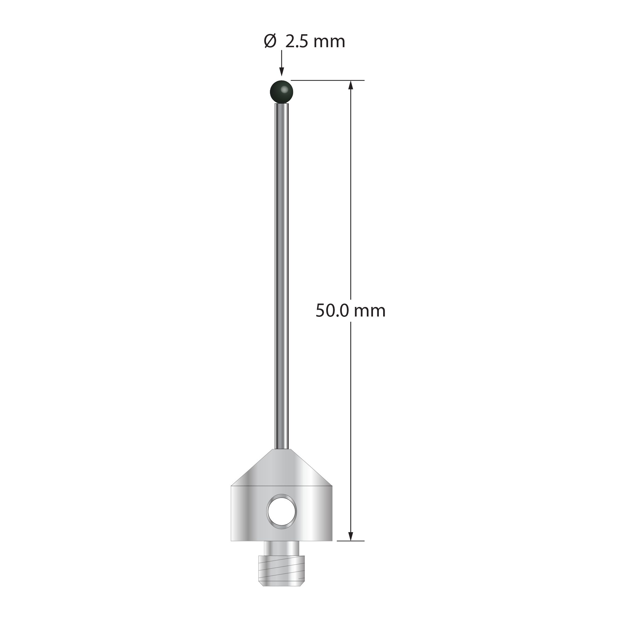 M5 stylus with 2.5 mm diameter silicon nitride ball, 1.5 mm diameter carbide stem, and 11.0 mm diameter x 10.0 mm long stainless steel base. Overall stylus length is 50.0 mm. Stylus weight is 6.74 grams. Compare to Zeiss 626115-0251-050.