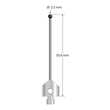 M5 stylus with 2.5 mm diameter silicon nitride ball, 1.5 mm diameter carbide stem, and 11.0 mm diameter x 10.0 mm long stainless steel base. Overall stylus length is 50.0 mm. Stylus weight is 6.74 grams. Compare to Zeiss 626115-0251-050.