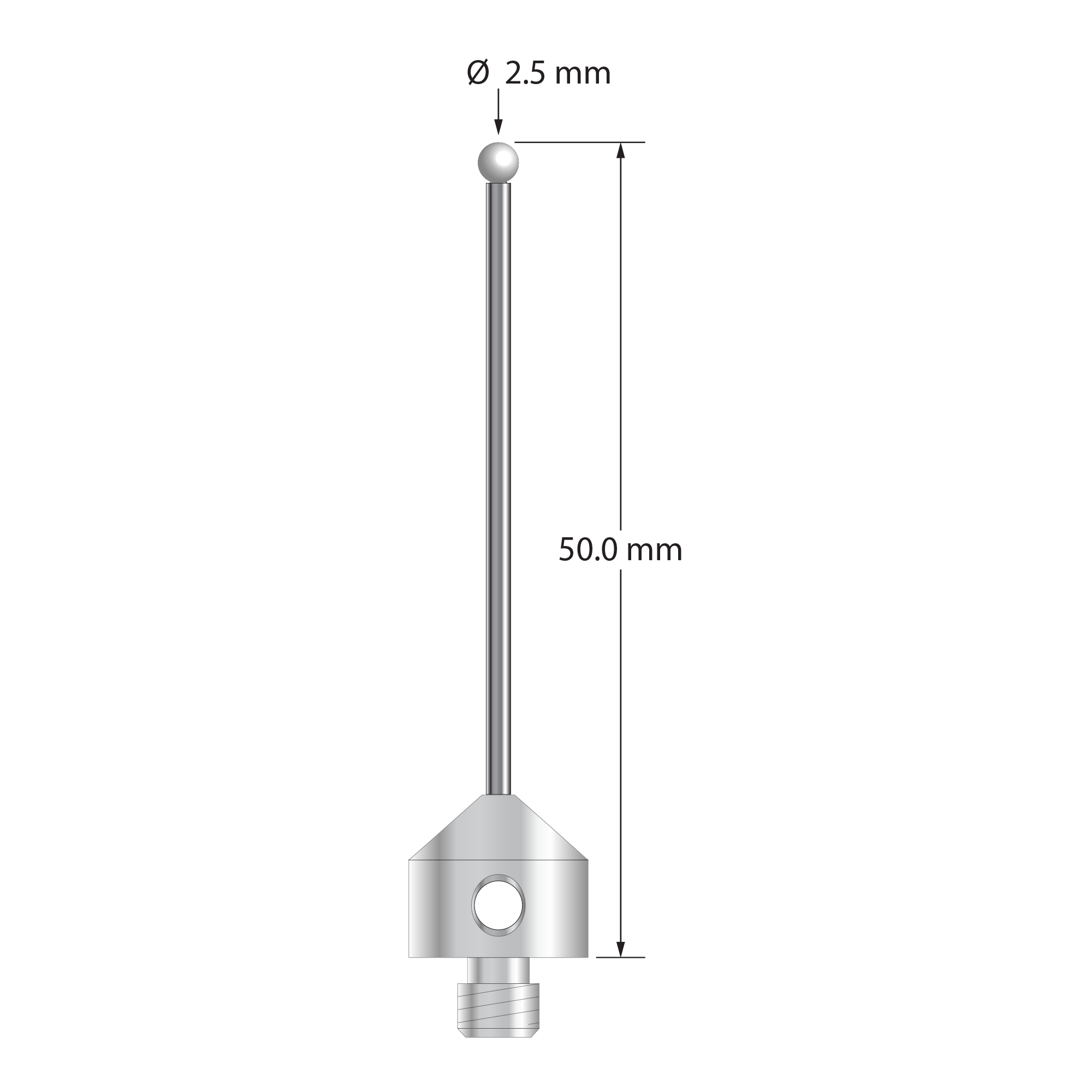 M5 stylus with 2.5 mm diameter zirconia ball, 1.5 mm diameter carbide stem, and 11.0 mm diameter x 10.0 mm long stainless steel base. Overall stylus length is 50.0 mm. Stylus weight is 6.74 grams.