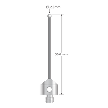 M5 stylus with 2.5 mm diameter zirconia ball, 1.5 mm diameter carbide stem, and 11.0 mm diameter x 10.0 mm long stainless steel base. Overall stylus length is 50.0 mm. Stylus weight is 6.74 grams.