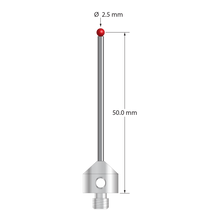 M5 stylus with 2.5 mm diameter ruby ball, 2.0 mm diameter carbide stem, and 11.0 mm diameter x 10.0 mm long stainless steel base. Stylus length to ball center is 50.0 mm. Stylus weight is 6.78 grams. Compare to Renishaw A-5003-5232.