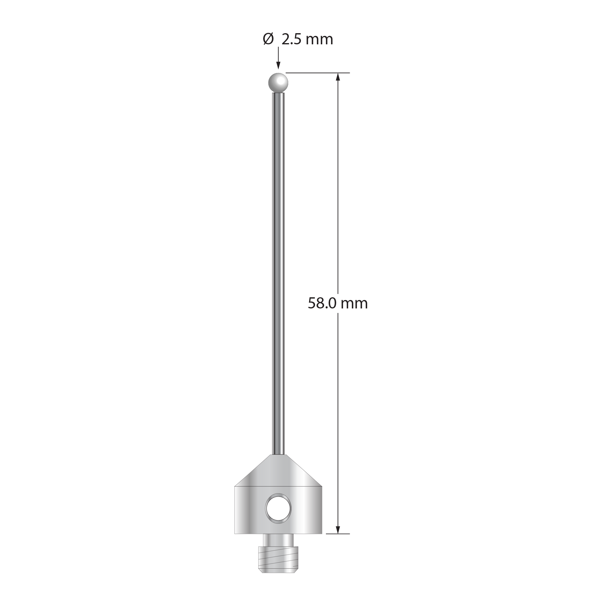 M5 stylus with 2.5 mm diameter silicon nitride ball, 1.5 mm diameter carbide stem, and 11.0 mm diameter x 10.0 mm long stainless steel base. Overall stylus length is 58.0 mm. Stylus weight is 7.06 grams.