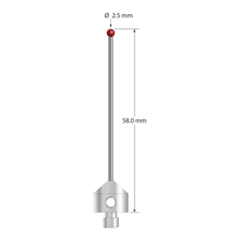 M5 stylus with 2.5 mm diameter ruby ball, 1.5 mm diameter carbide stem, and 11.0 mm diameter x 10.0 mm long stainless steel base. Overall stylus length is 58.0 mm. Stylus weight is 7.06 grams.