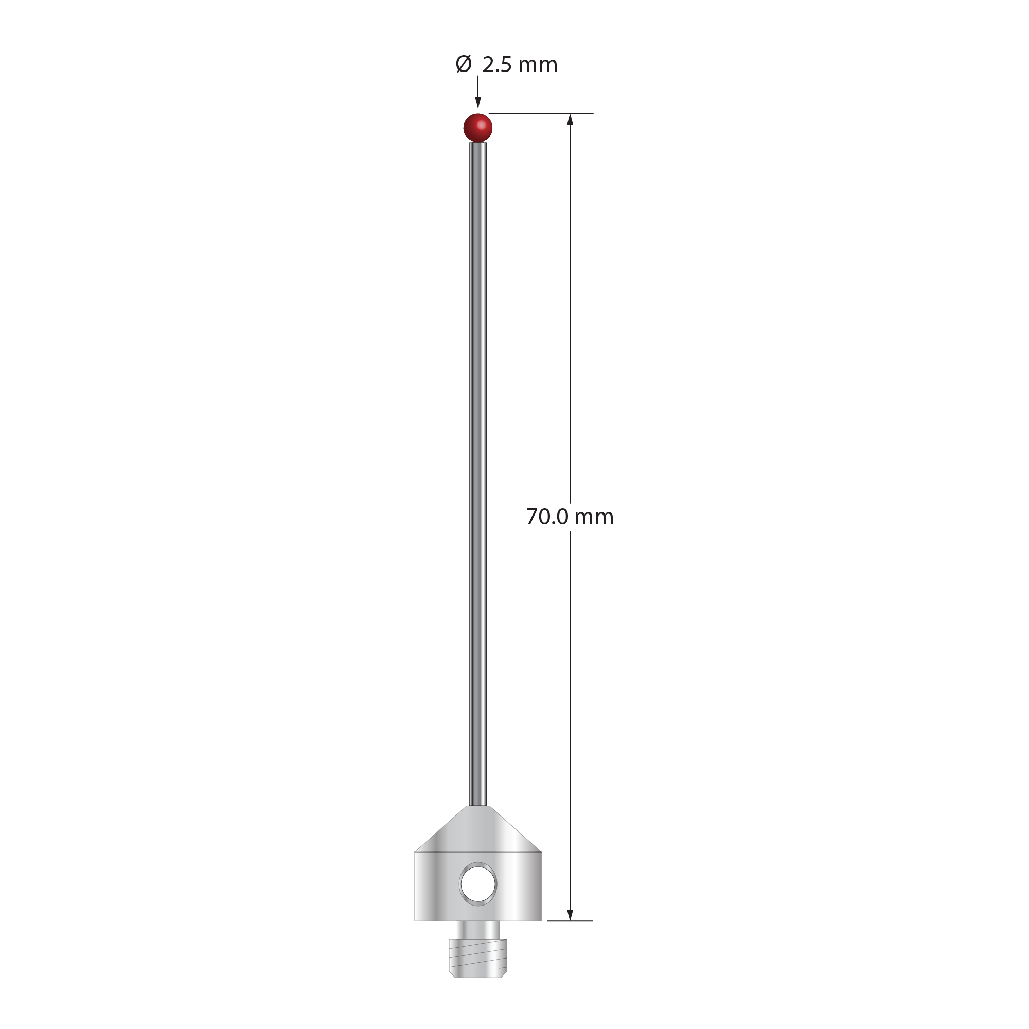M5 stylus with 2.5 mm diameter ruby ball, 1.5 mm diameter carbide stem, and 11.0 mm diameter x 10.0 mm long stainless steel base. Overall stylus length is 70.0 mm. Stylus weight is 6.98 grams. Compare to Zeiss 626115-0250-070.