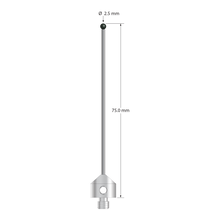 M5 stylus with 2.5 mm diameter silicon nitride ball, 1.5 mm diameter carbide stem, and 11.0 mm diameter x 10.0 mm long stainless steel base. Overall stylus length is 75.0 mm. Stylus weight is 7.10 grams.