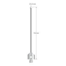 M5 stylus with 2.5 mm diameter zirconia ball, 1.5 mm diameter carbide stem, and 11.0 mm diameter x 10.0 mm long stainless steel base. Overall stylus length is 75.0 mm. Stylus weight is 7.10 grams.