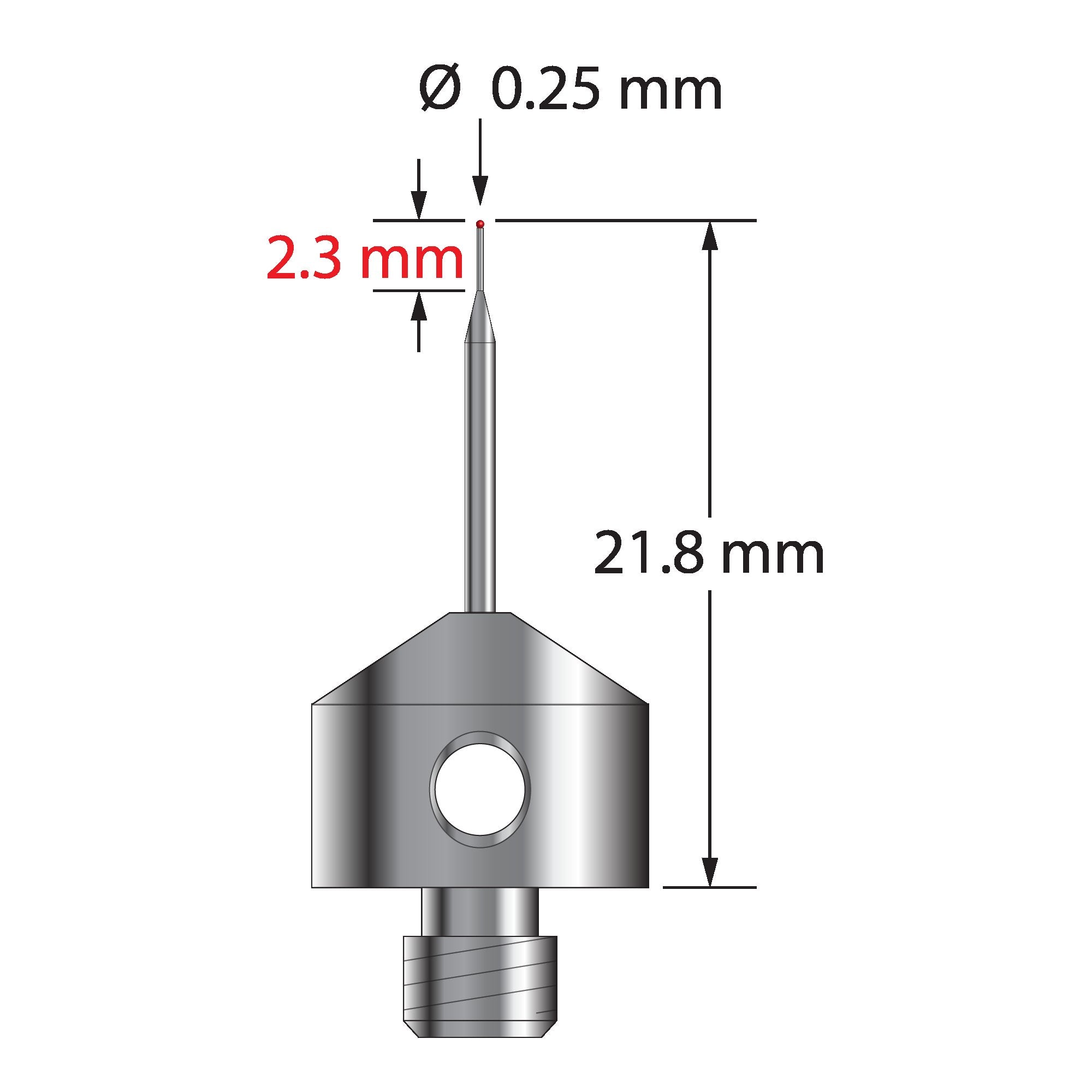 AFG-.2521.8 M5 stylus with 0.25mm ruby ball, tapered carbide stem, and stainless steel base, 21.8mm long.
