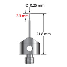 AFG-.2521.8 M5 stylus with 0.25mm ruby ball, tapered carbide stem, and stainless steel base, 21.8mm long.