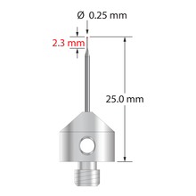 AFG-.2525 M5 stylus with 0.25mm ruby ball, tapered carbide stem, and stainless steel base.