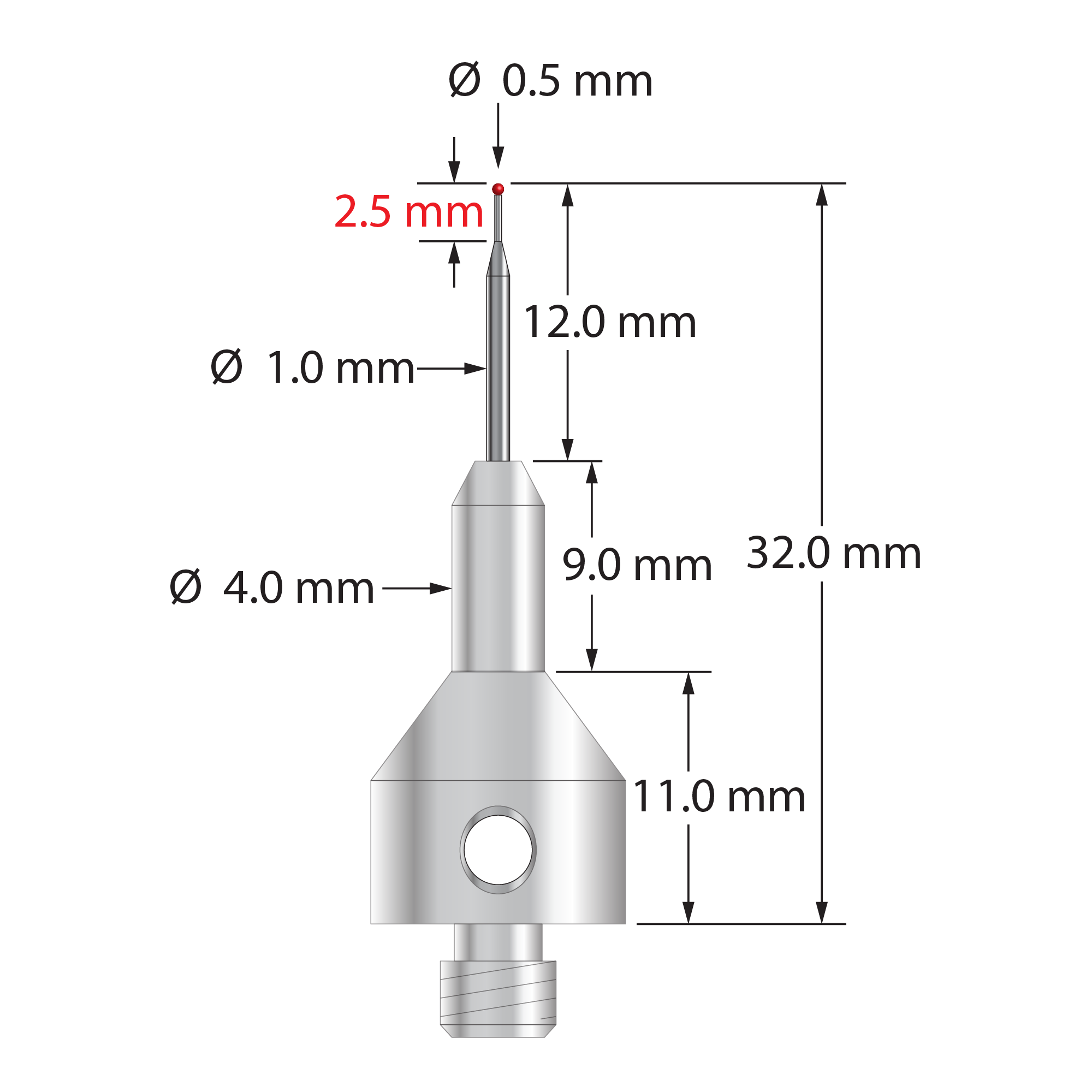 M5 stylus with 0.5 mm diameter ruby ball, tapered carbide stem, and 11.0 mm diameter by 20.0 mm long stainless steel base. Minor stem diameter is 0.3 mm; major diameter is 1.0 mm. Overall stylus length is 32.0 mm. Stylus weight is 7.09 grams. Compare to Zeiss 626115-0050-032.
