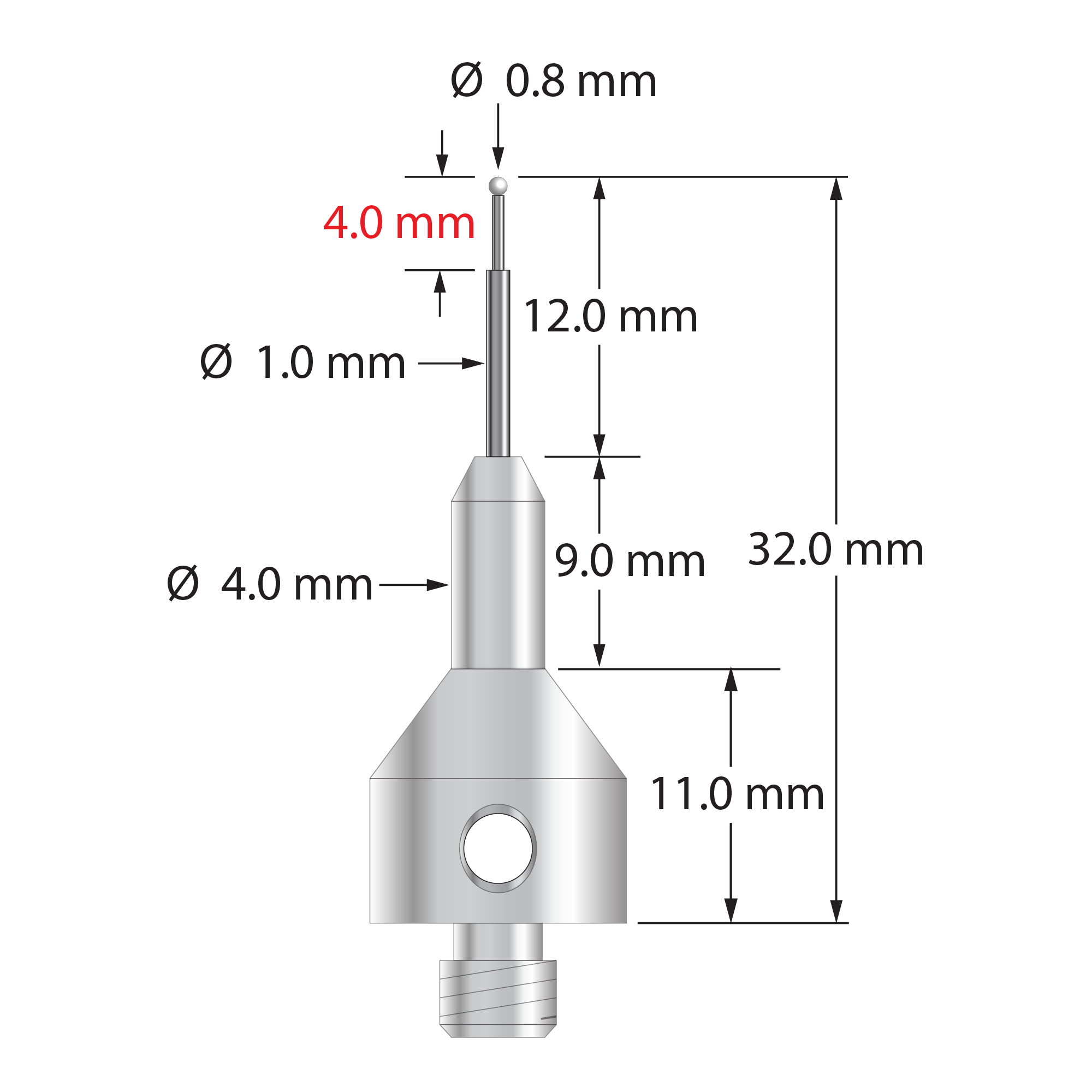 M5 stylus with 0.8 mm diameter zirconia ball, stepped carbide stem, and 11.0 mm diameter by 20.0 mm long stainless steel base. Minor stem diameter is 0.5 mm, major diameter is 1.0 mm. Overall stylus length is 32.0 mm. Stylus weight is 7.12 grams.
