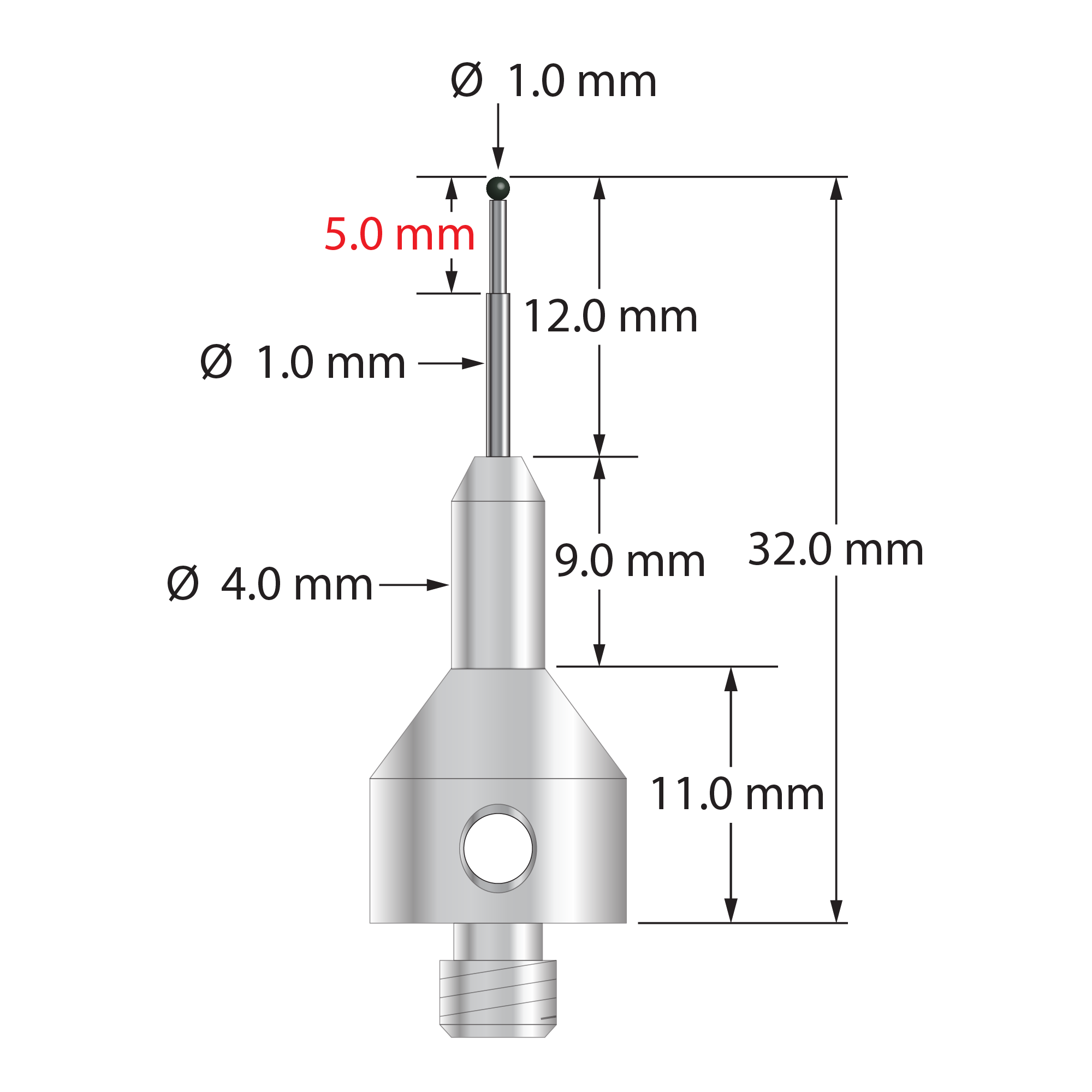 M5 stylus with 1.0 mm diameter silicon nitride ball, stepped carbide stem, and 11.0 mm diameter by 20.0 mm long stainless steel base. Minor stem diameter is 0.7 mm, major diameter is 1.0 mm. Overall stylus length is 32.0 mm. Stylus weight is 7.13 grams.
