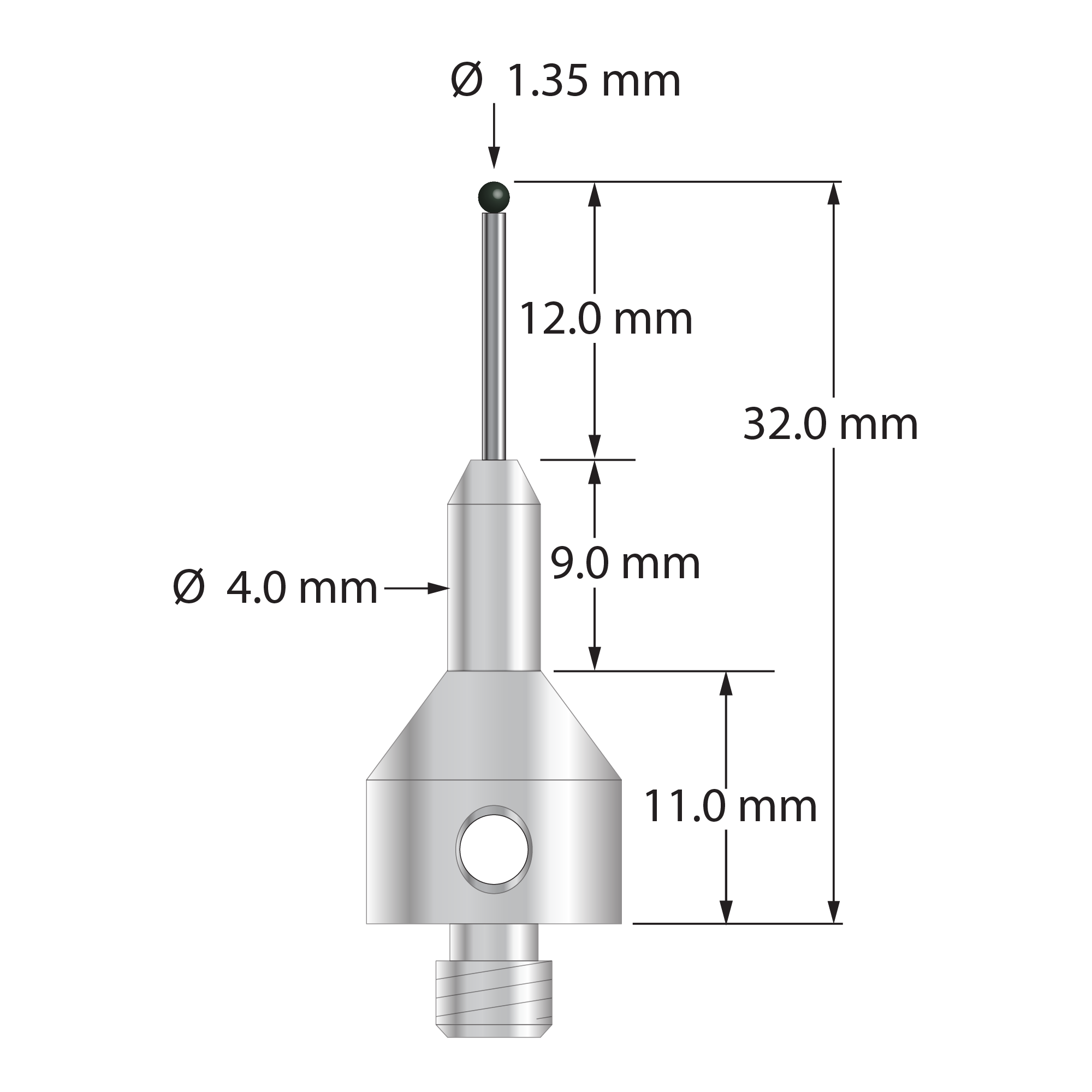 M5 stylus with 1.35 mm diameter silicon nitride ball, carbide stem, and 11.0 mm diameter by 20.0 mm long tapered stainless steel base. Overall stylus length is 32.0 mm. Stylus weight is 7.12 grams.
