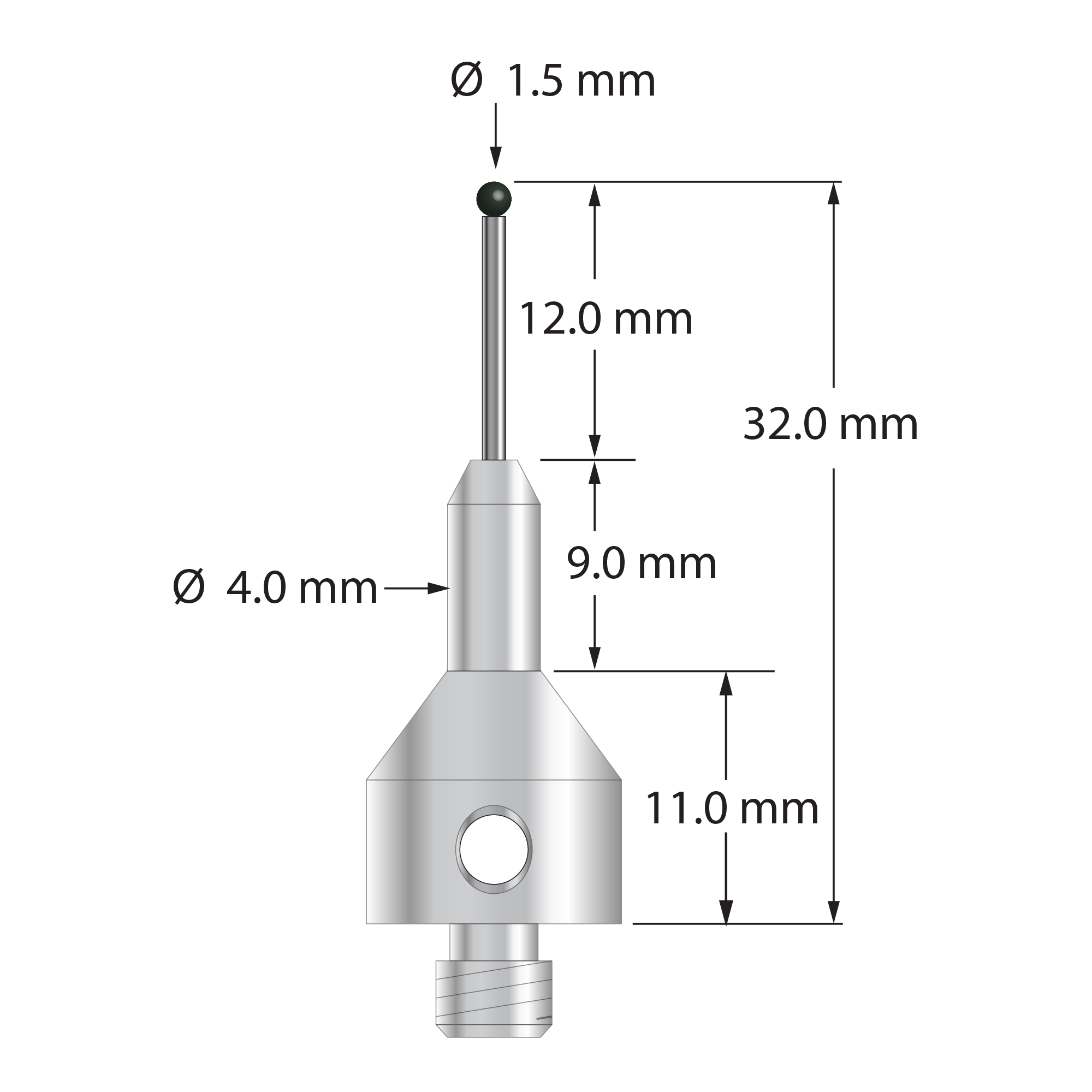 M5 stylus with 1.5 mm diameter silicon nitride ball, 1.0 mm diameter carbide stem, and 11.0 mm diameter by 20.0 mm long tapered stainless steel base. Overall stylus length is 32.0 mm. Stylus weight is 7.13 grams.