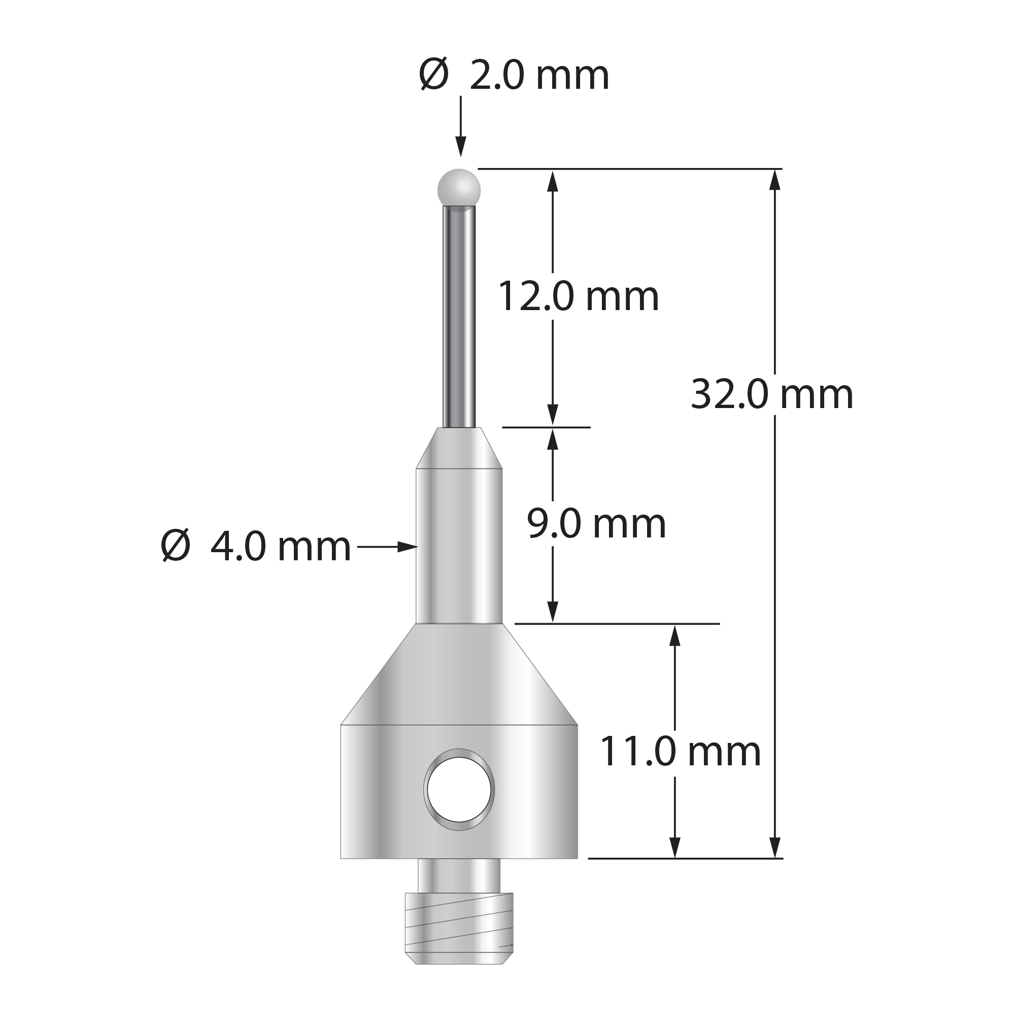 M5 stylus with 2.0 mm diameter solid diamond sphere, 1.5 mm diameter carbide stem, and 11.0 mm diameter stainless steel base. Weight is 7.12 grams. Compare to Zeiss 626115-0229-032.