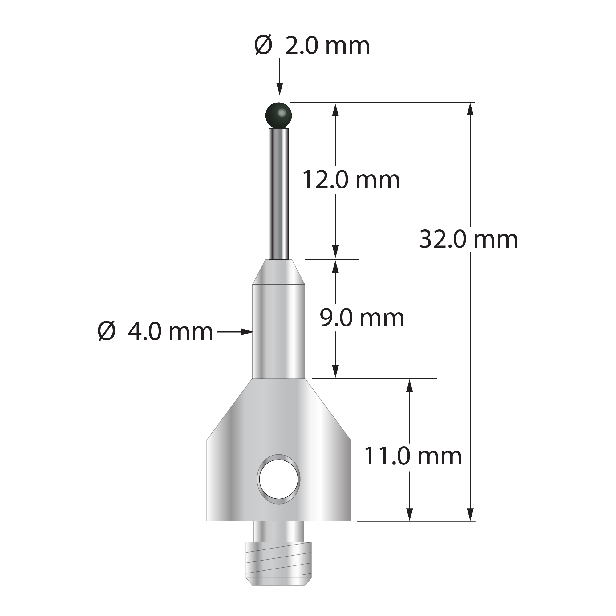 M5 stylus with 2.0 mm diameter silicon nitride ball, 1.5 mm diameter carbide stem, and 11.0 mm diameter by 20.0 mm long tapered stainless steel base. Overall stylus length is 32.0 mm. Stylus weight is 7.15 grams. Compare to Zeiss 626115-0200-032.