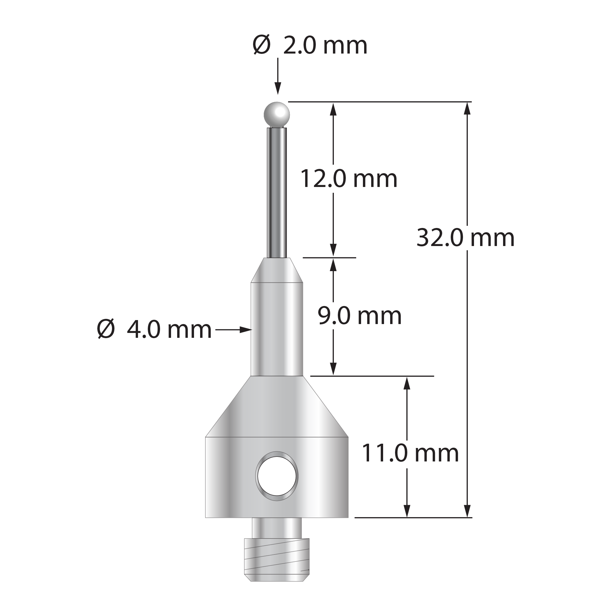 M5 stylus with 2.0 mm diameter zirconia ball, 1.5 mm diameter carbide stem, and 11.0 mm diameter by 20.0 mm long tapered stainless steel base. Overall stylus length is 32.0 mm. Stylus weight is 7.15 grams.
