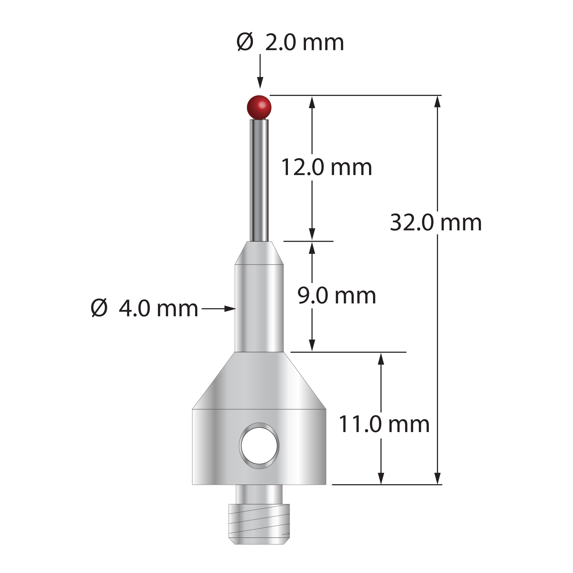 M5 stylus with 2.0 mm diameter ruby ball, 1.5 mm diameter carbide stem, and 11.0 mm diameter by 20.0 mm long tapered stainless steel base. Overall stylus length is 32.0 mm. Stylus weight is 7.15 grams. Compare to Zeiss 602030-8066-000.