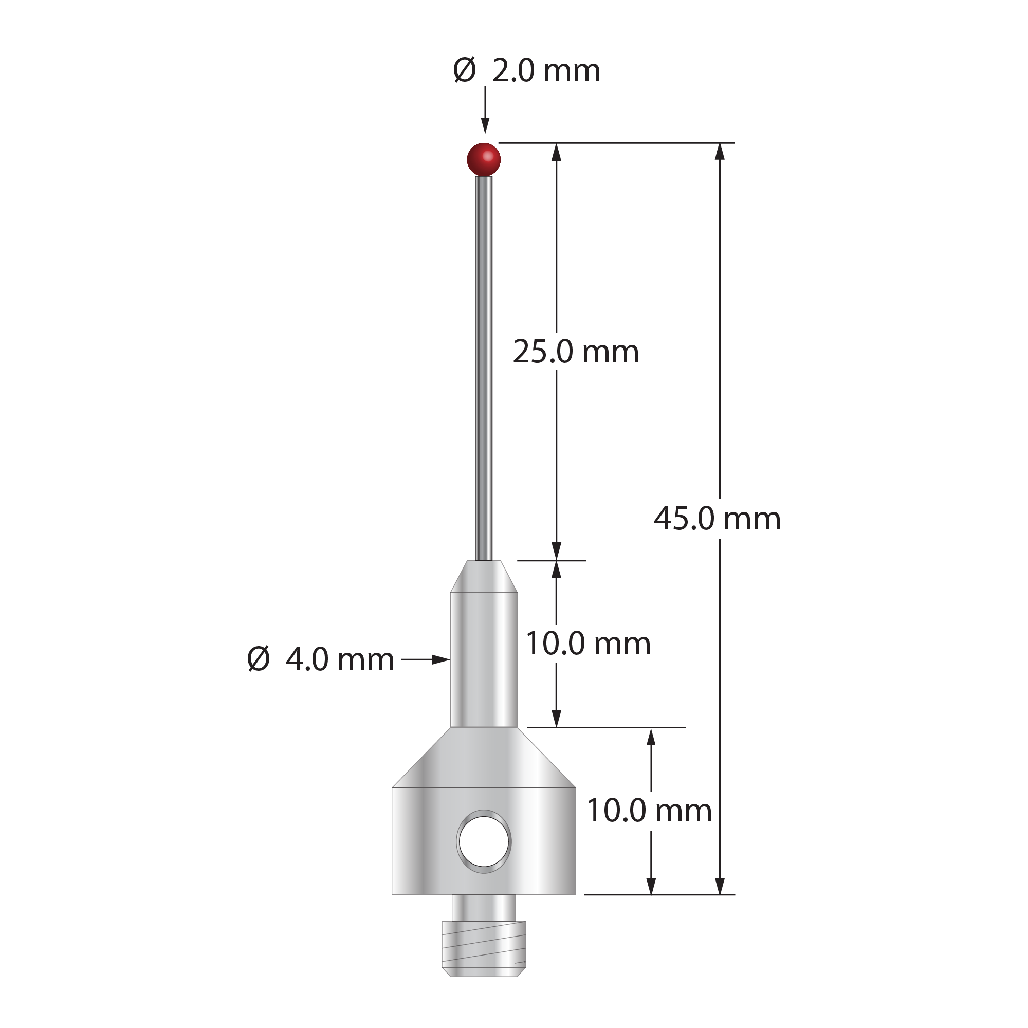 AQG-2045 M5 stylus with 2.0mm ruby ball, carbide stem, and stainless steel base, 45mm long by Q-Mark Manufacturing, Inc.