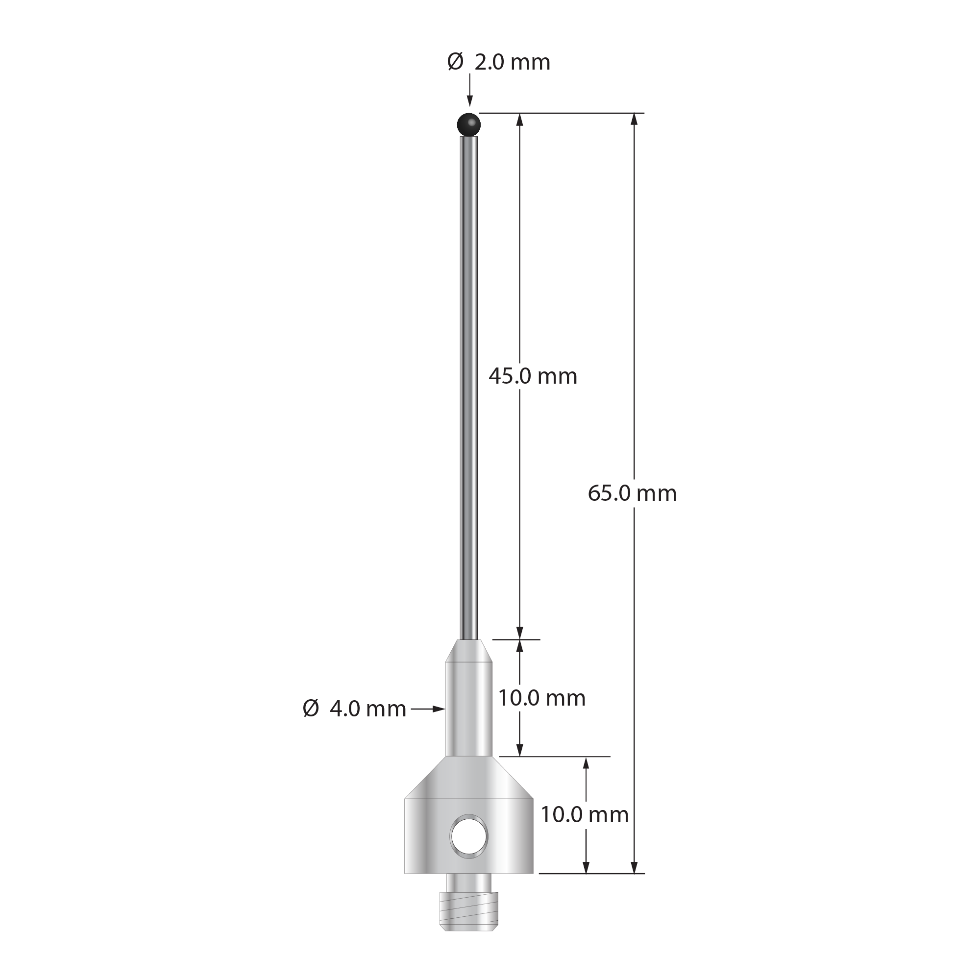 AQG-2065-SN M5 2.0mm silicon nitride stylus with carbide stem and stainless steel base, 45.0mm long by Q-Mark Manufacturing, Inc.