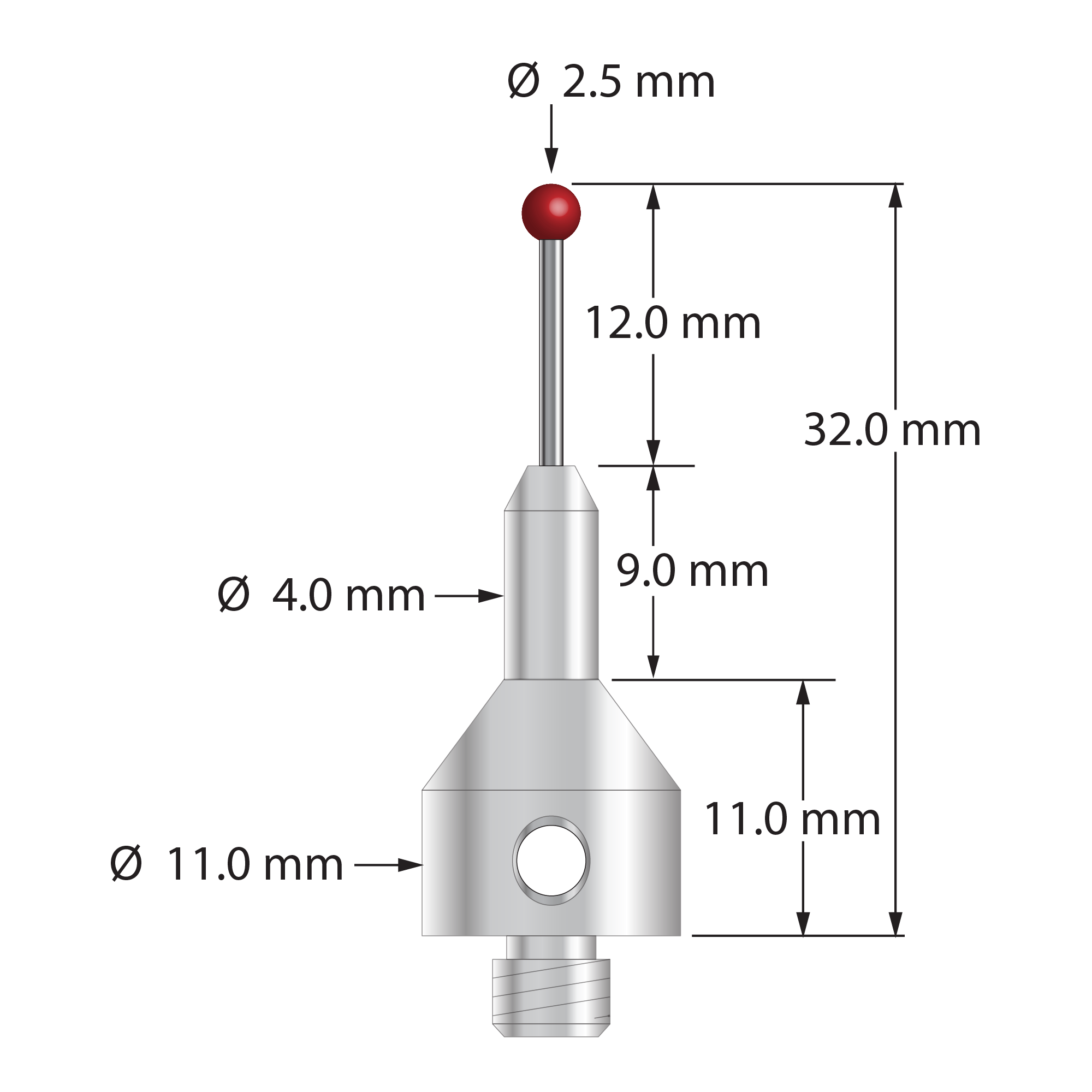 AQG-2532-DS1 M5 stylus with 2.5mm ruby ball, carbide stem, and stainless steel base, 32mm long by Q-Mark Manufacturing, Inc.