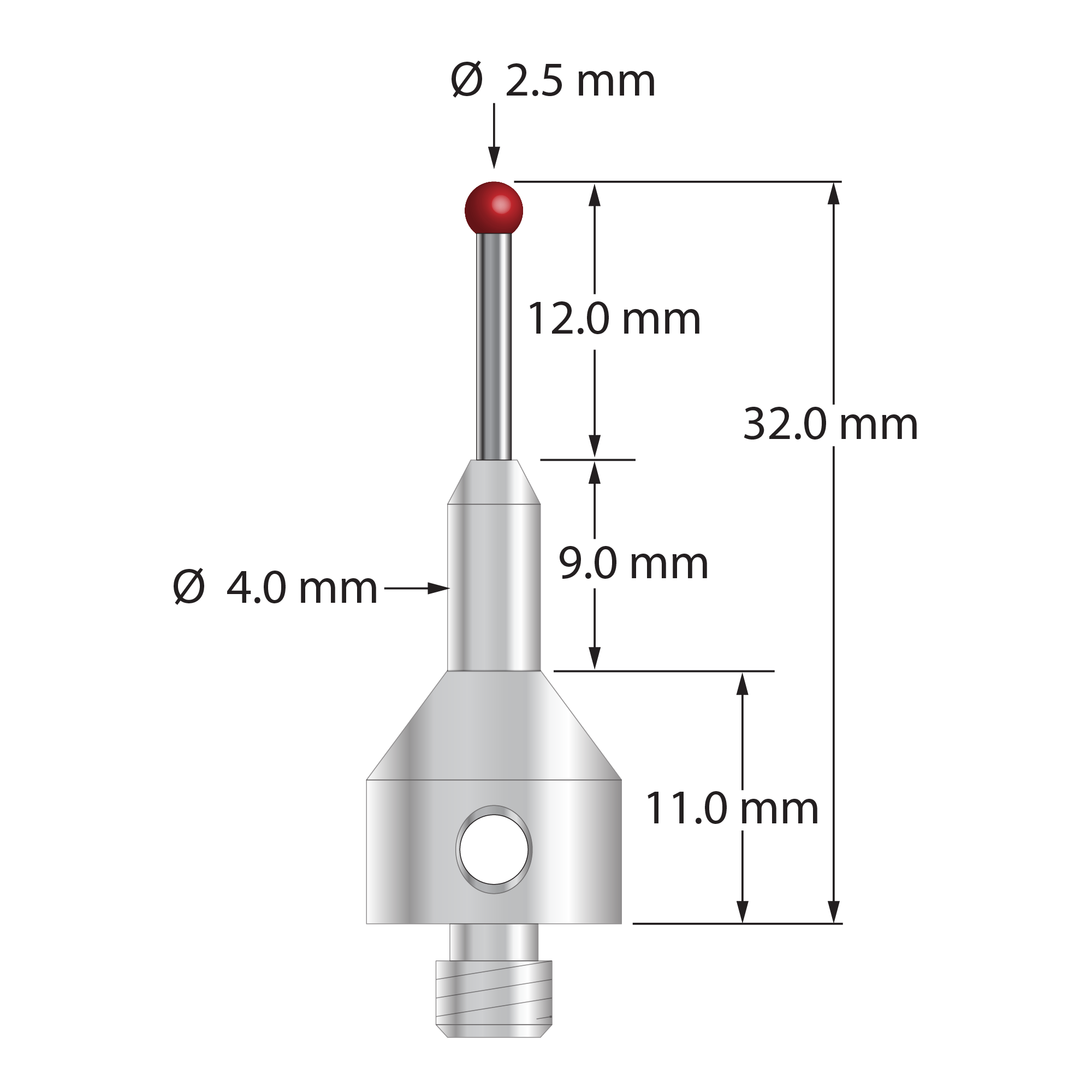 M5 stylus with 2.5 mm diameter ruby ball, 1.5 mm diameter carbide stem, and 11.0 mm diameter by 20.0 mm long tapered stainless steel base. Overall stylus length is 32.0 mm. Stylus weight is 7.18 grams. Compare to Zeiss 602030-8069-000.