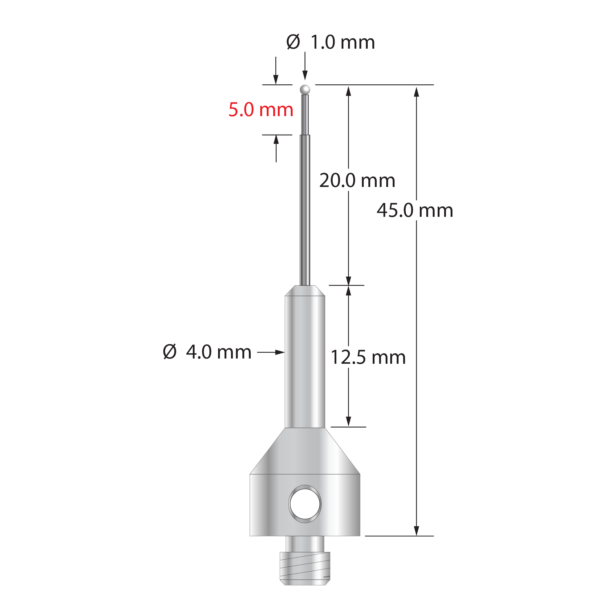 M5 stylus with 1.0 mm diameter zirconia ball, stepped carbide stem, and 11.0 mm diameter by 25.0 mm long stainless steel base. Minor diameter of carbide stem is 0.7 mm, major diameter is 1.0 mm. Overall stylus length is 45.0 mm. Stylus weight is 7.66 grams.