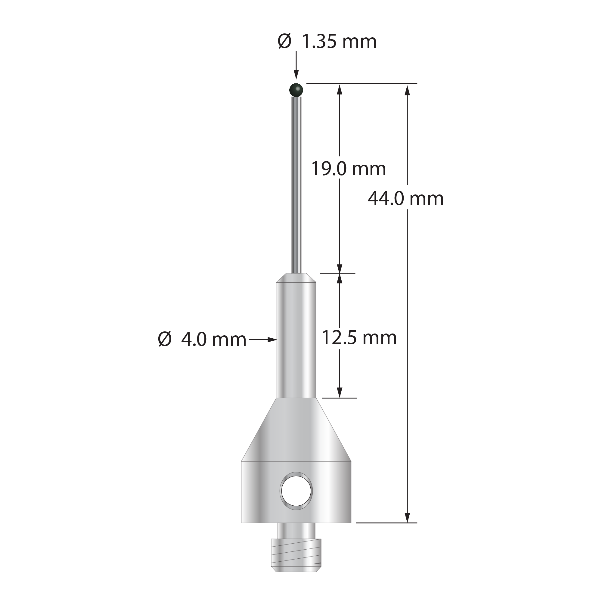 M5 stylus with 1.35 mm diameter silicon nitride ball, 1.0 mm diameter carbide stem, and 11.0 mm diameter by 25.0 mm long tapered stainless steel base. Overall stylus length is 44.0 mm. Stylus weight is 7.66 grams.