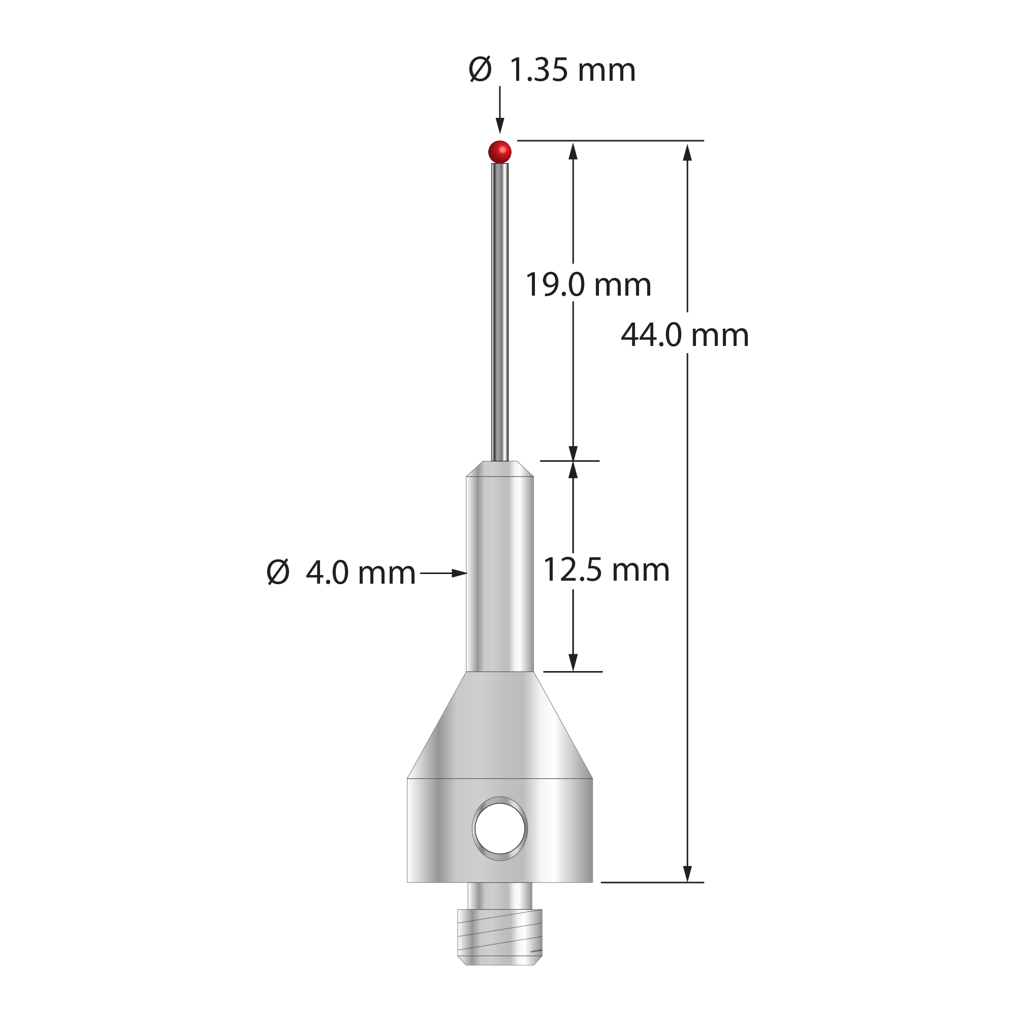 M5 stylus with 1.35 mm diameter ruby ball, 1.0 mm diameter carbide stem, and 11.0 mm diameter by 25.0 mm long tapered stainless steel base. Overall stylus length is 44.0 mm. Stylus weight is 7.66 grams. Compare to Zeiss 602030-8063-000.