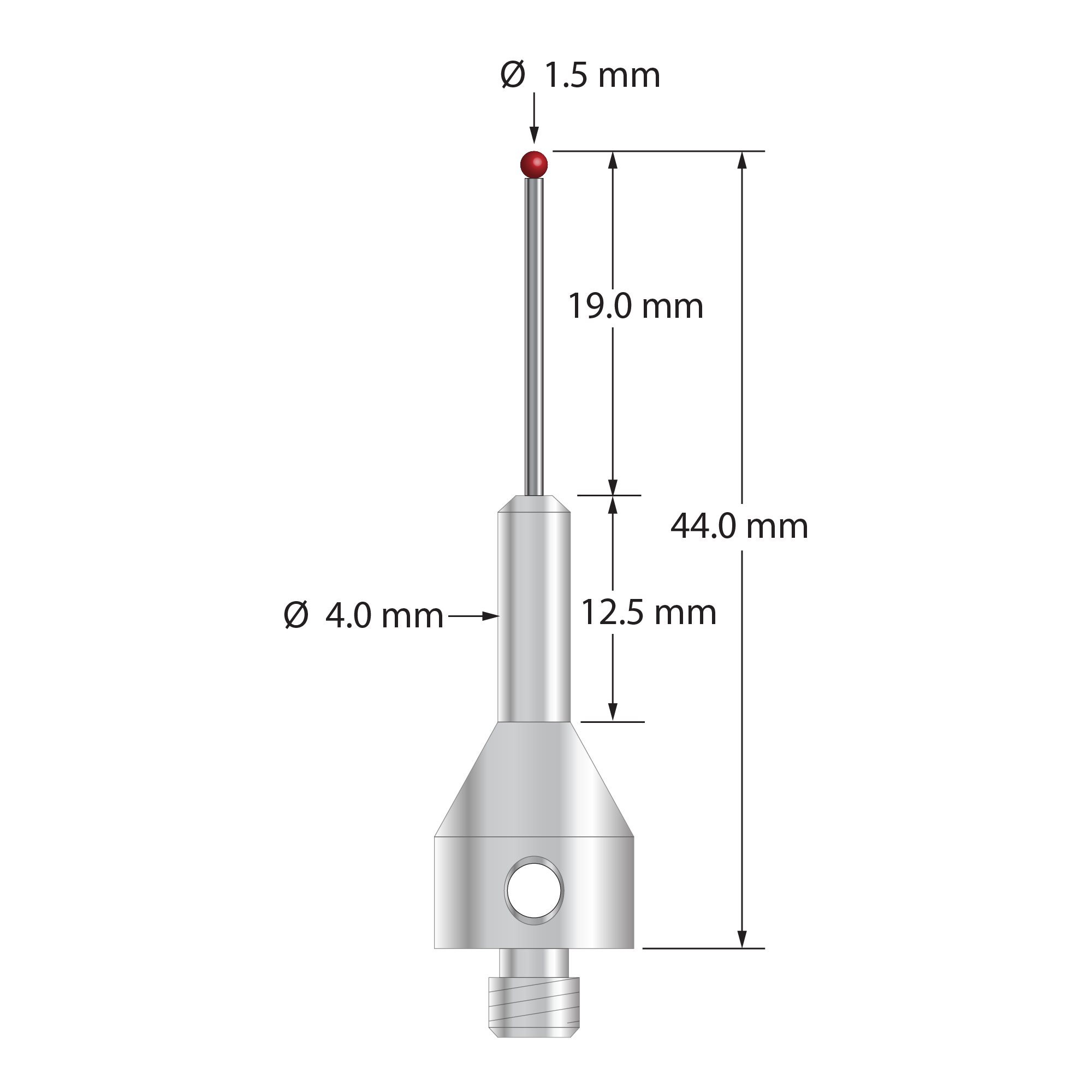 M5 stylus with 1.5 mm diameter ruby ball, 1.0 mm diameter carbide stem, and 11.0 mm diameter by 25.0 mm long tapered stainless steel base. Overall stylus length is 44.0 mm. Stylus weight is 7.66 grams. Compare to Zeiss 602030-8065-000.