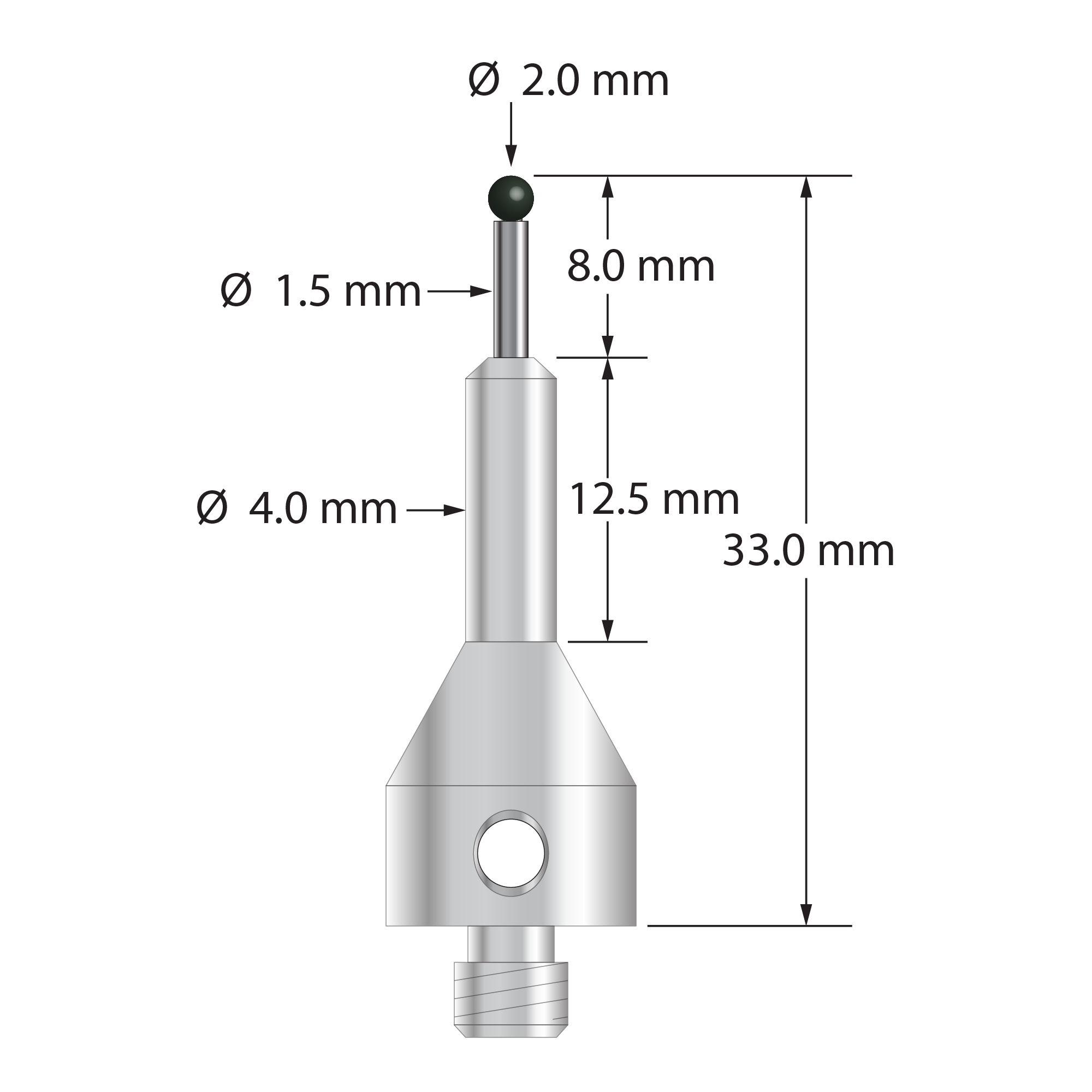 M5 stylus with 2.0 mm diameter silicon nitride ball, 1.5 mm diameter carbide stem, and 11.0 mm diameter by 25.0 mm long tapered stainless steel base. Overall stylus length is 33.0 mm. Stylus weight is 7.60 grams.
