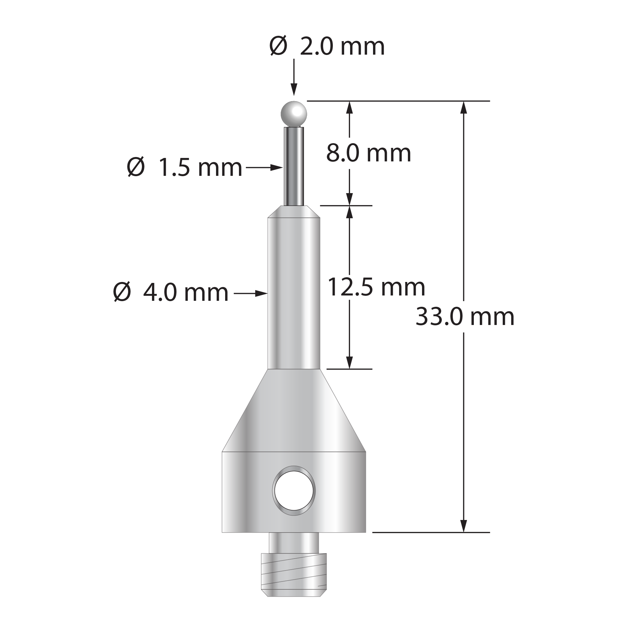 M5 stylus with 2.0 mm diameter zirconia ball, 1.5 mm diameter carbide stem, and 11.0 mm diameter by 25.0 mm long tapered stainless steel base. Overall stylus length is 33.0 mm. Stylus weight is 7.60 grams.