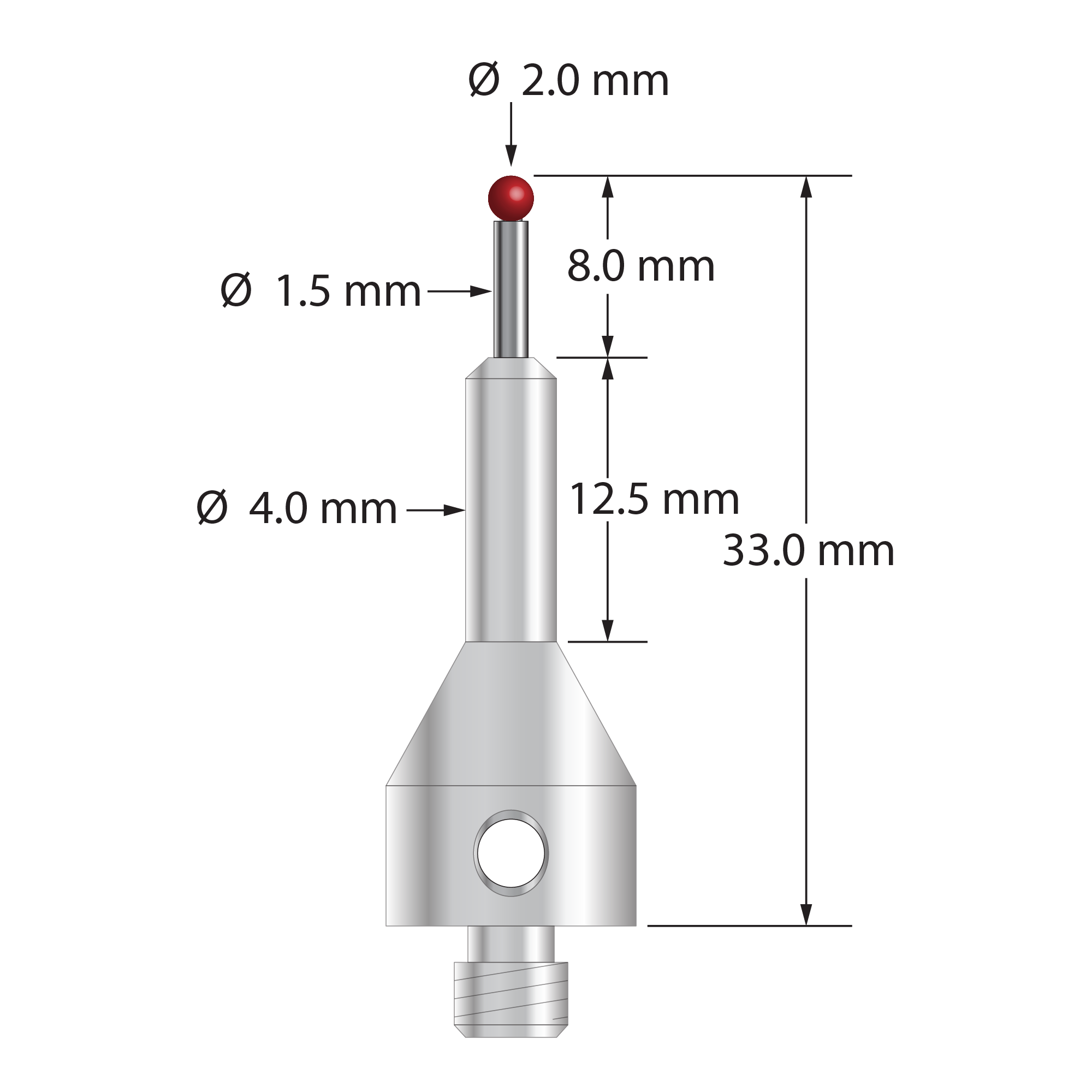 M5 stylus with 2.0 mm diameter ruby ball, 1.5 mm diameter carbide stem, and 11.0 mm diameter by 25.0 mm long tapered stainless steel base. Overall stylus length is 33.0 mm. Stylus weight is 7.60 grams.