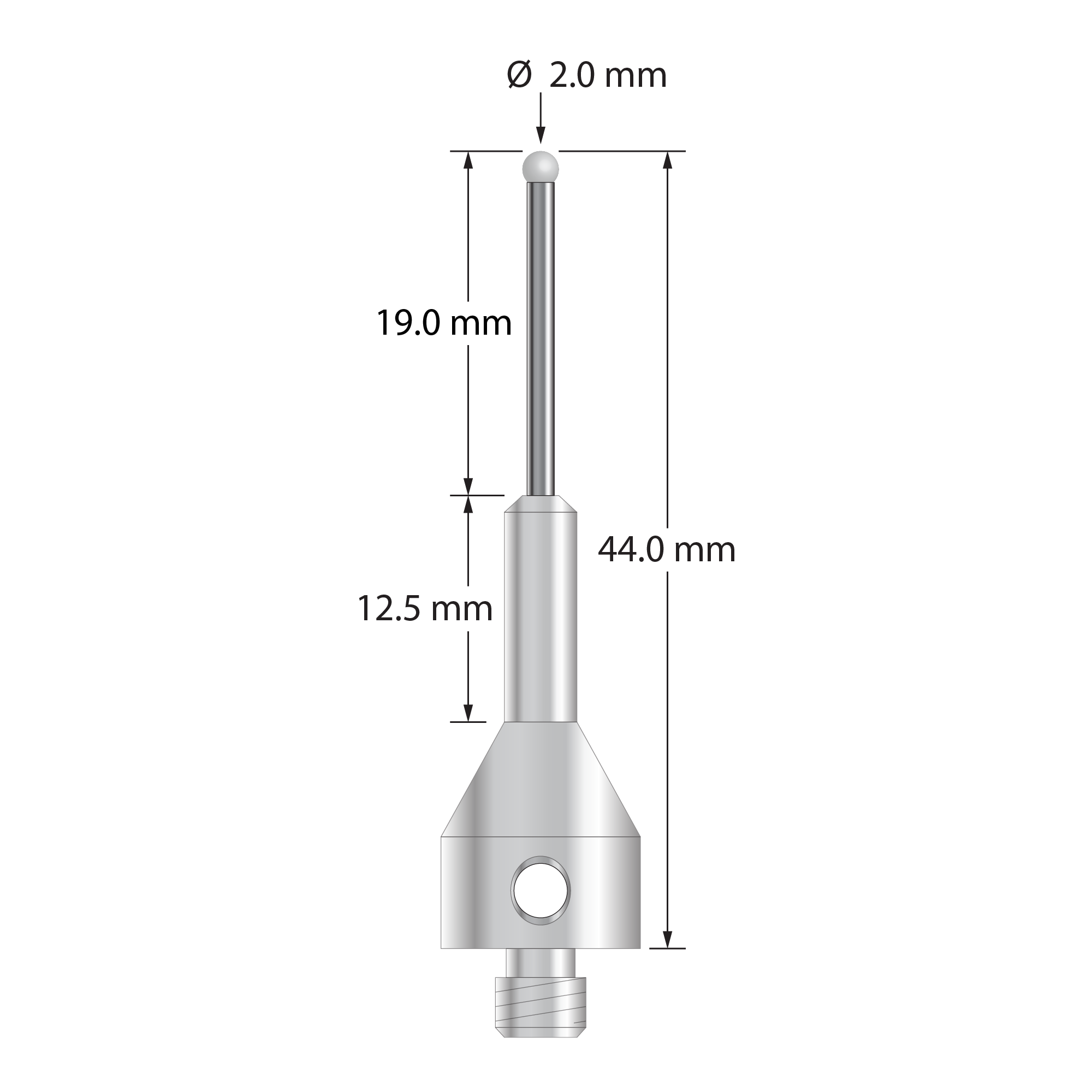 M5 stylus with 2.0 mm diameter solid diamond sphere, 1.5 mm diameter carbide stem, and 11.0 mm diameter by 25.0 mm long tapered stainless steel base. Overall stylus length is 44.0 mm. Stylus weight is 7.88 grams. Compare to Zeiss 626115-0209-044.
