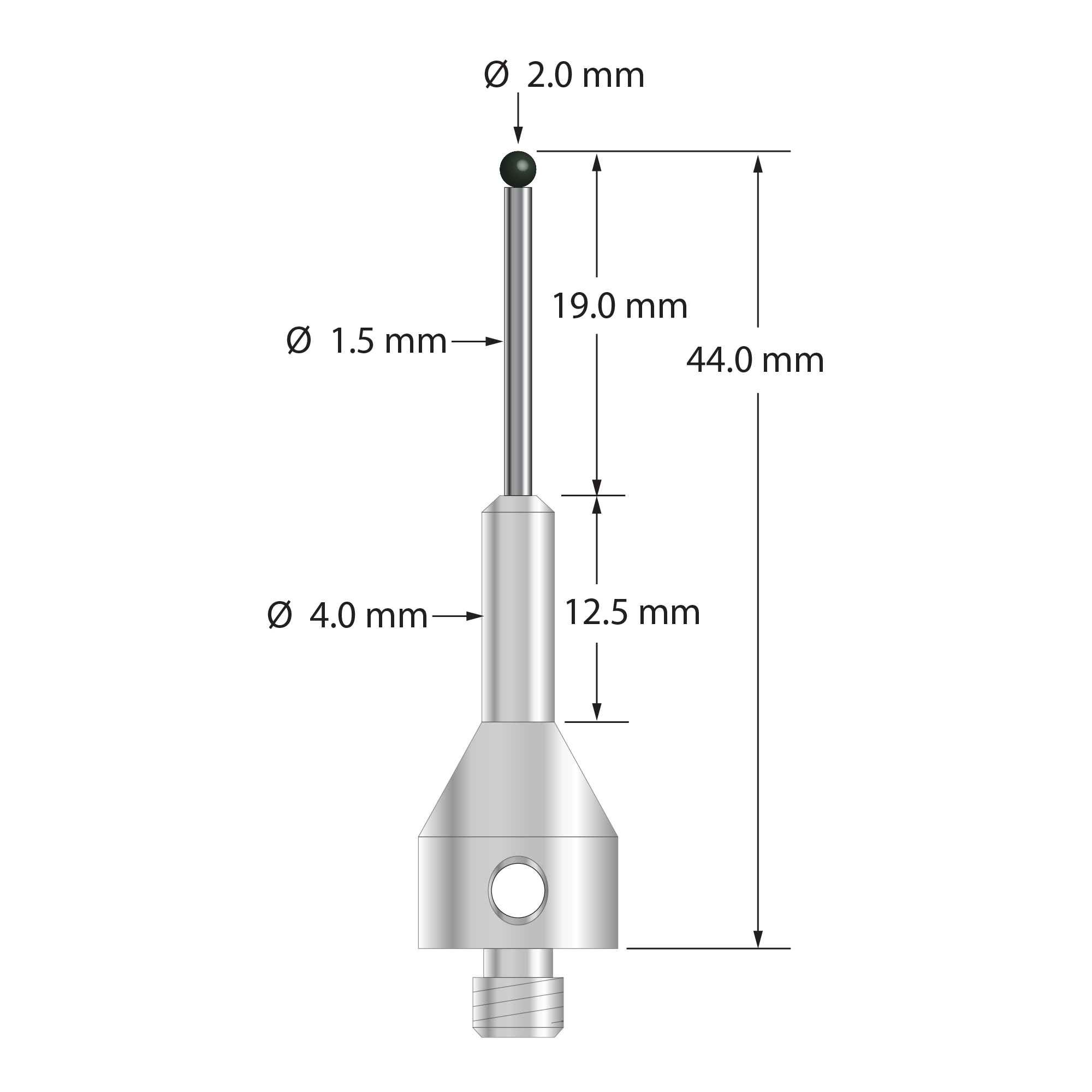 M5 stylus with 2.0 mm diameter silicon nitride ball, 1.5 mm diameter carbide stem, and 11.0 mm diameter by 25.0 mm long tapered stainless steel base. Overall stylus length is 44.0 mm. Stylus weight is 7.68 grams.