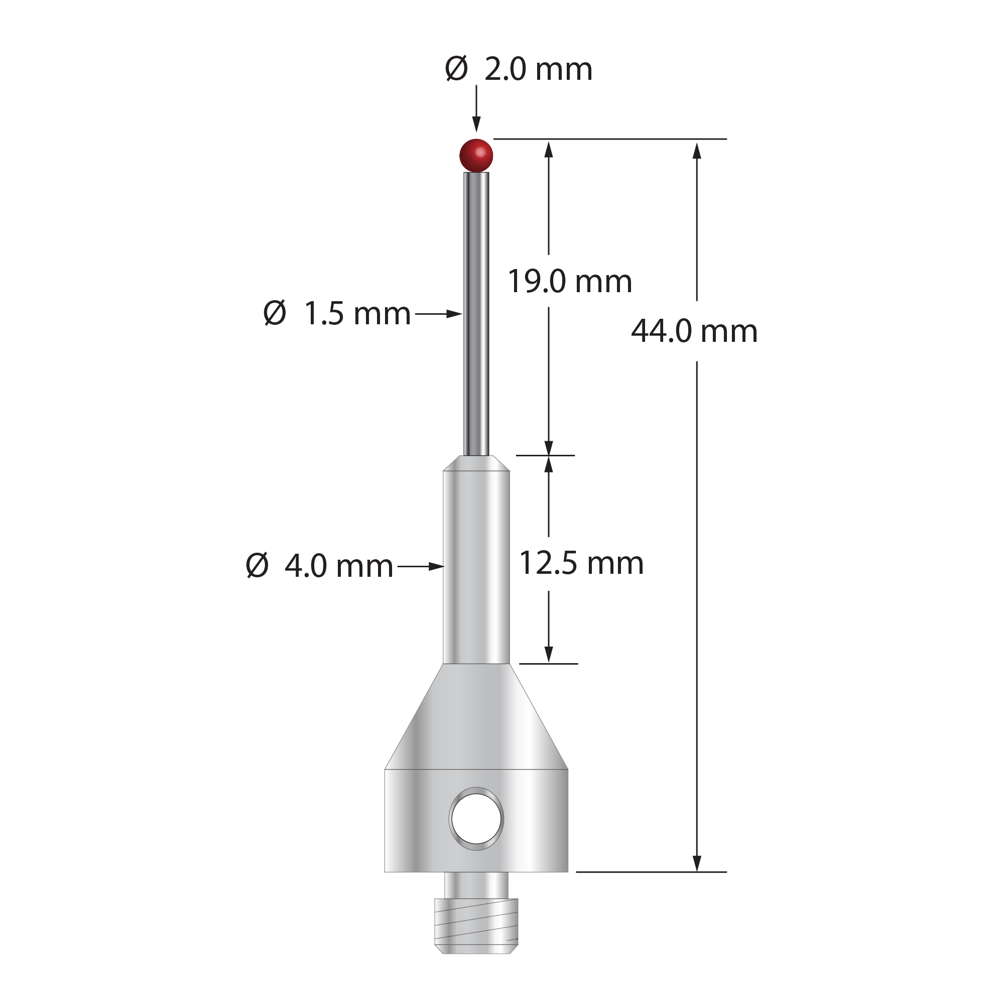 M5 stylus with 2.0 mm diameter ruby ball, 1.5 mm diameter carbide stem, and 11.0 mm diameter by 25.0 mm long tapered stainless steel base. Overall stylus length is 44.0 mm. Stylus weight is 7.68 grams. Compare to Zeiss 602030-8067-000.